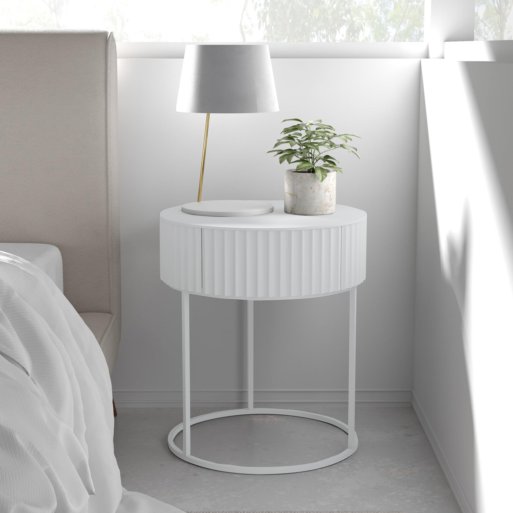 [en.casa] Tavolino Rotondo con Cassetto 46 x Ø40 cm Comodino con Telaio in Metallo Tavolo Basso da Divano Caffè per Soggiorno Salotto Camera da Letto Ingresso - Bianco
