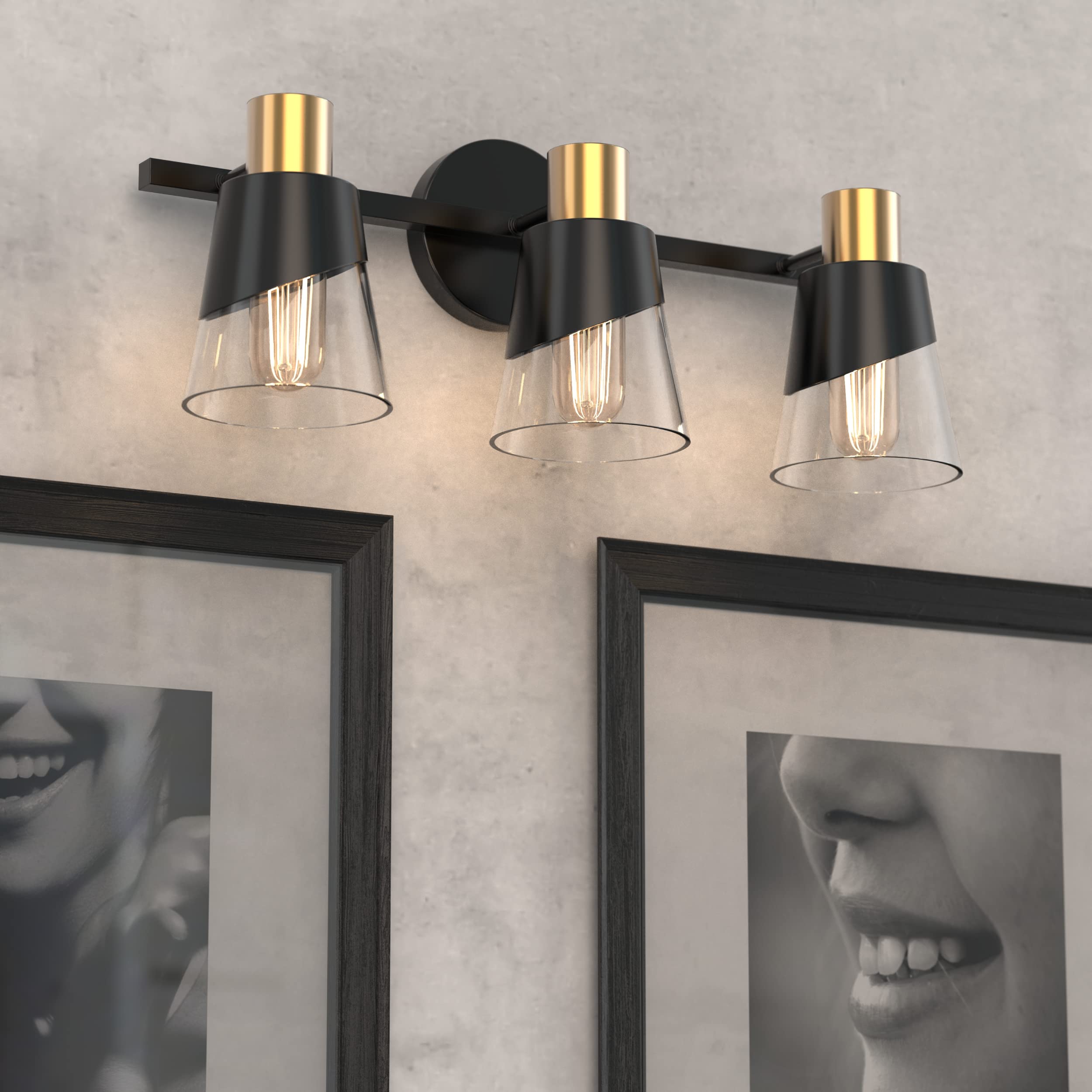 KSANA Bathroom Light Fixtures, 3 Light Black And Gold Vanity Lights For Bathroom With Clear Cracked Glass Shade, 22.4'' Modern Brass Bathroom Lights Over Mirror - View #12