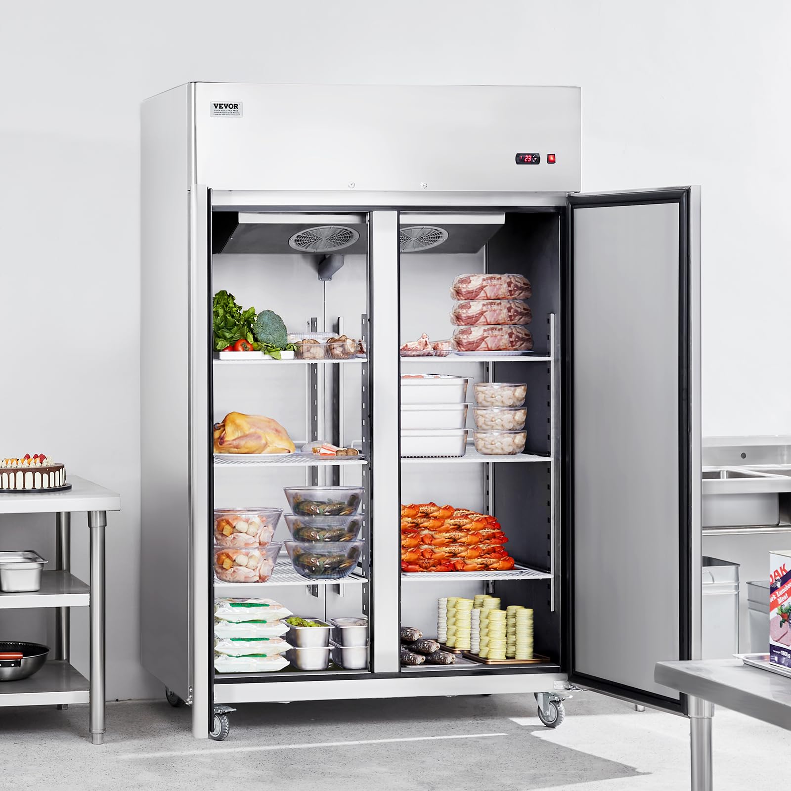 VEVOR Refrigerador Comercial de 1100 L, Vertical con 2 Puertas, Acero Inoxidable, Descongelación Automática, 6 Estantes, -2~+8°C, 1314 x 850 x 2110 mm