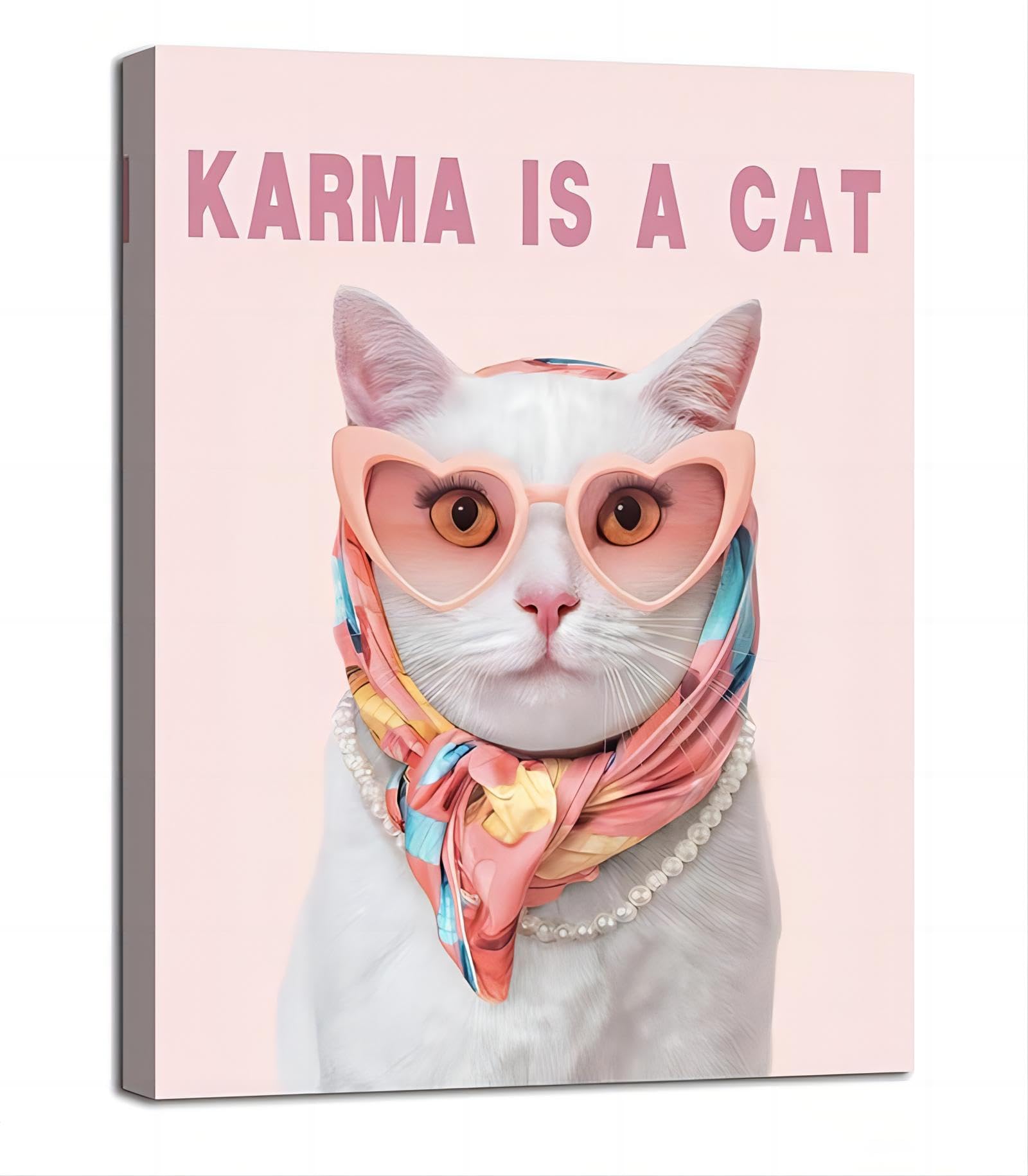 Photo 1 of Pink Canvas Cat Wall Art Posters 12x16-Inch, Cat Wall Art for Living Room, Bedroom, Bathroom Decor, Framed Wall Art Paintings for Birthday Christmas Gifts