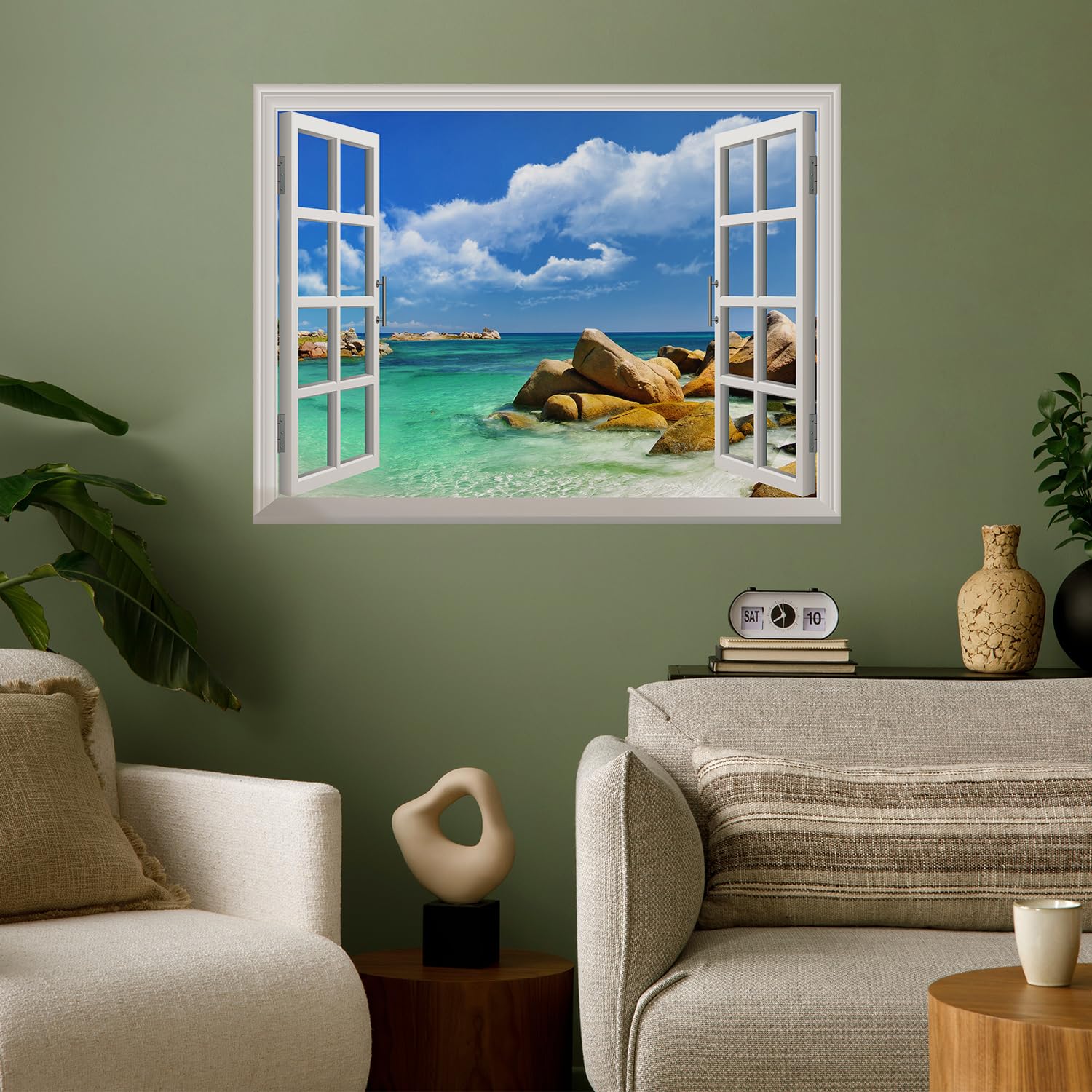 wall26 Removable Wall Sticker/Wall Mural - Tropical Landscape Seychelles Paradise | Creative Window View Wall Decor - 24"x32"