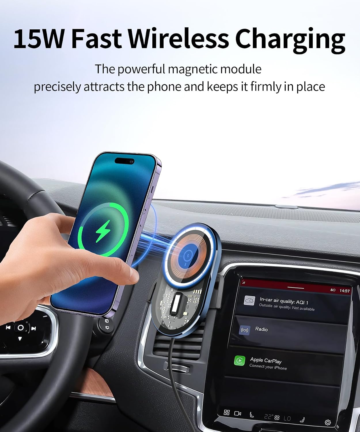 Wireless Charging Car Phone Holder for Volvo XC90 2016-2025 Auto Accessories Navigation Bracket Interior Decoration, 360° Rotation Car Phone Mount Compatible with MagSafe
