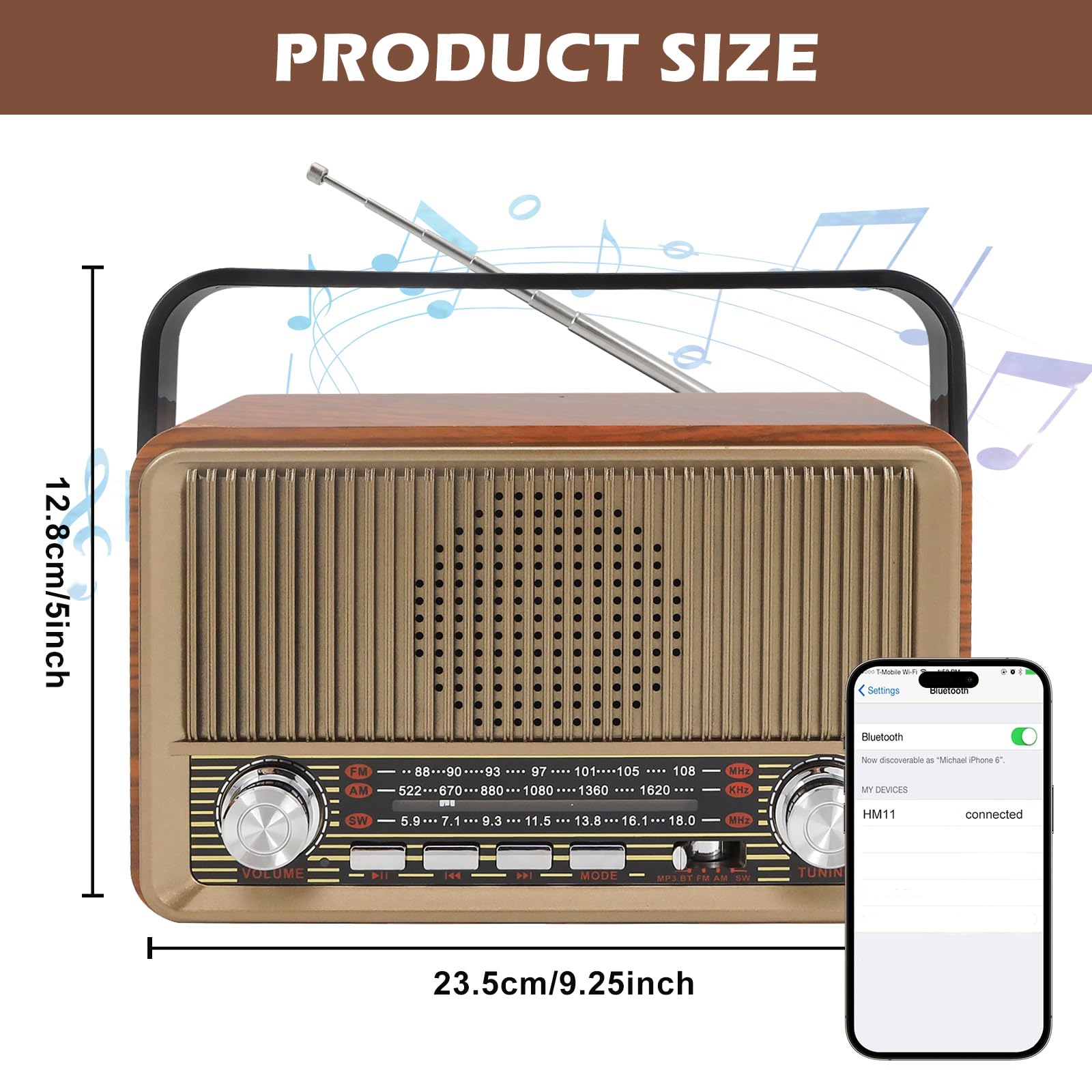 Retro Radio mit Bluetooth, Nostalgie Kofferradio Klein mit AM/FM/SW3, USB/TF/AUX, Wiederaufladbar, Küchenradio, Vintage Radio für Küche, Büro, Outdoor