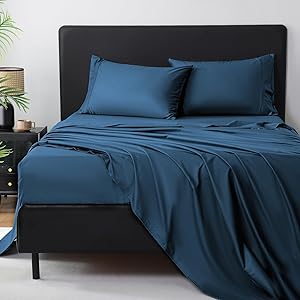 MEISHANG Extra Deep Pocket Queen Sheets Cotton - 1000 Thread Count Sheets Queen - Fits 18"-24" in Deep Mattress,100% Egyptian Cotton,Sateen Weave, Soft & Breathable - 4 Piece (Queen, Navy)