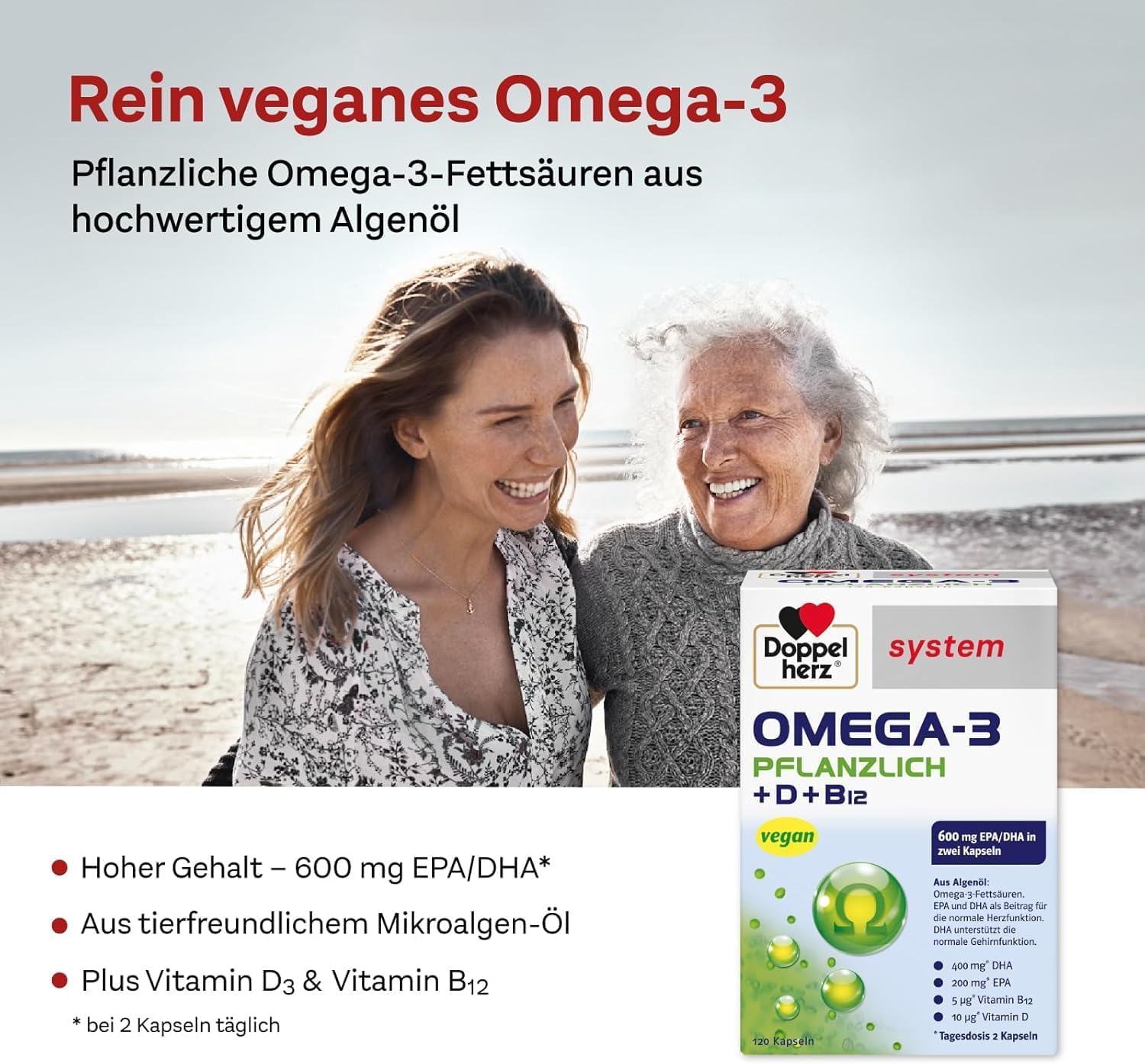 Doppelherz system OMEGA-3 PFLANZLICH – Algenöl – Vitamin D als Beitrag für die normale Funktion des Immunsystems – 2 x 120 Kapseln
