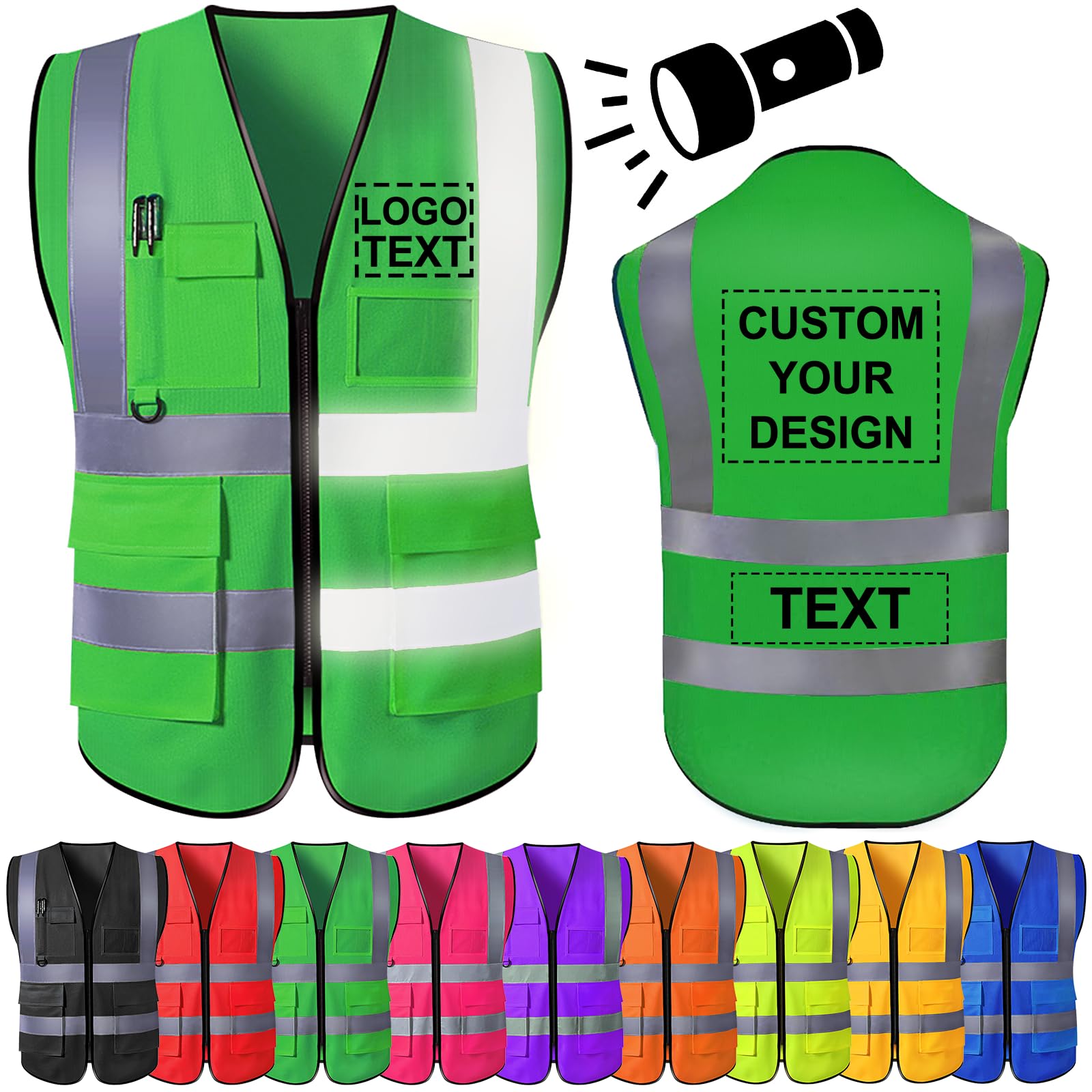 High Visibility Vest Custom Logo Text for Men Personalised Safety Vest Hi Vis Viz Workwear with Reflective Strip 5 Pockets — image 1