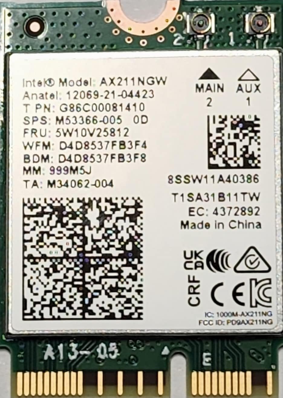 Intel AX211 IEEE 802.11ax Bluetooth 5.3 Wi-Fi/Bluetooth Combo Adapter