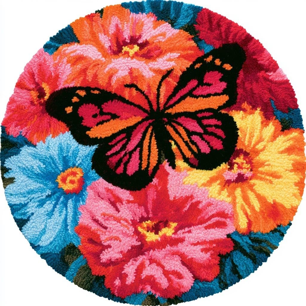 AMBATTERY Round Latch Hook Kits Pre-Printed Rug,Butterflies and Flowers