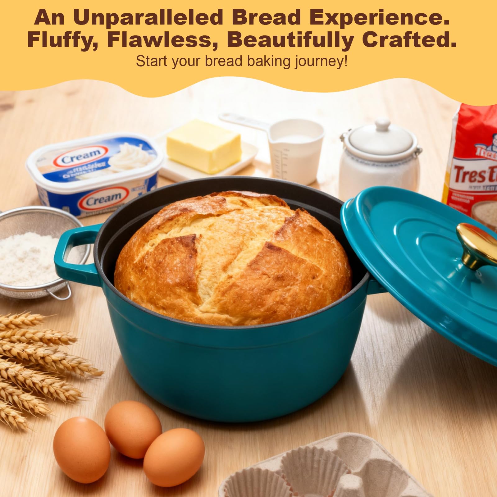 NZQXJXZ Sauerteig Brot Bakset mit Emaillepott und Gärkorb, Brotbackset, 100% Natürlichem Rattan Gärkörbchen, Gusseisen Topf Brot Backen Emailliert Set für für Anfänger und Erfahrener Bäcker