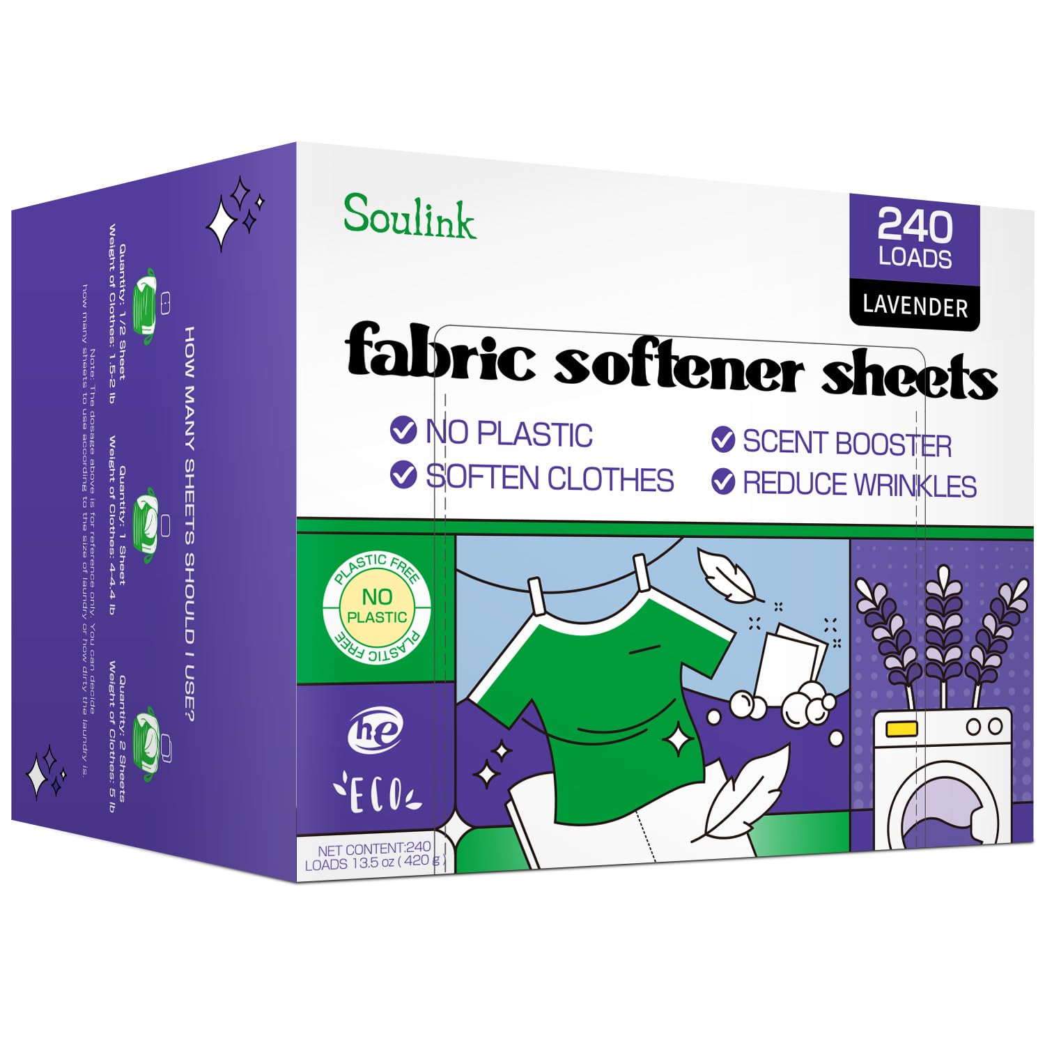 Soulink Fabric Softener Sheets for Washing Machine, No Plastic Jug Soap Strips, Alternative to Fabric Softener Liquid and Pods, Lavender Scent, Up to 240 Loads