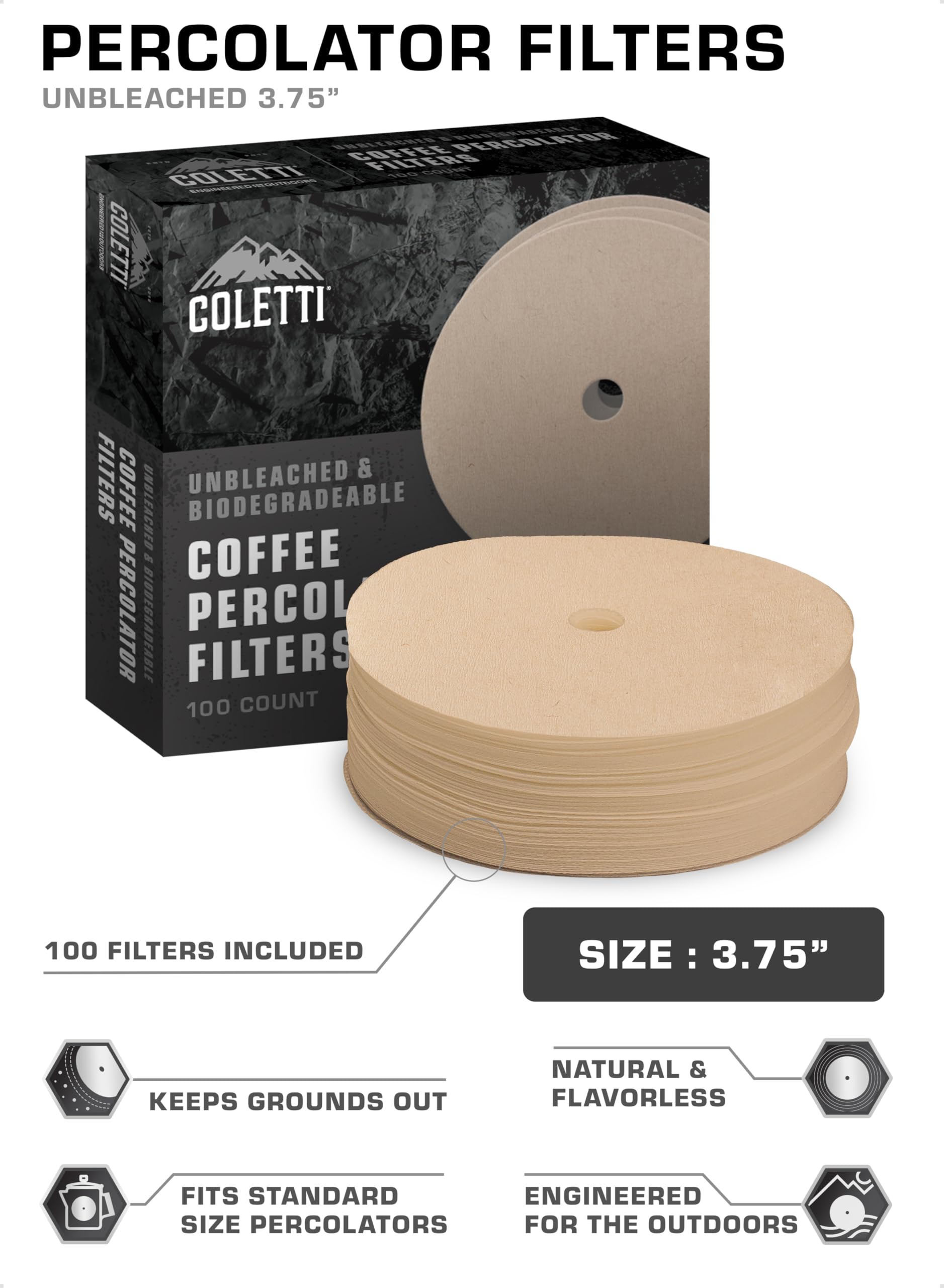 COLETTI Percolator Coffee Filters — Disc Coffee Filters For Percolators – For Bozeman, Butte, & Scoutmaster Camping Coffee Makers – Perfectly Tasteless, Mesh Filter [100 pack, Natural, 3.75”]