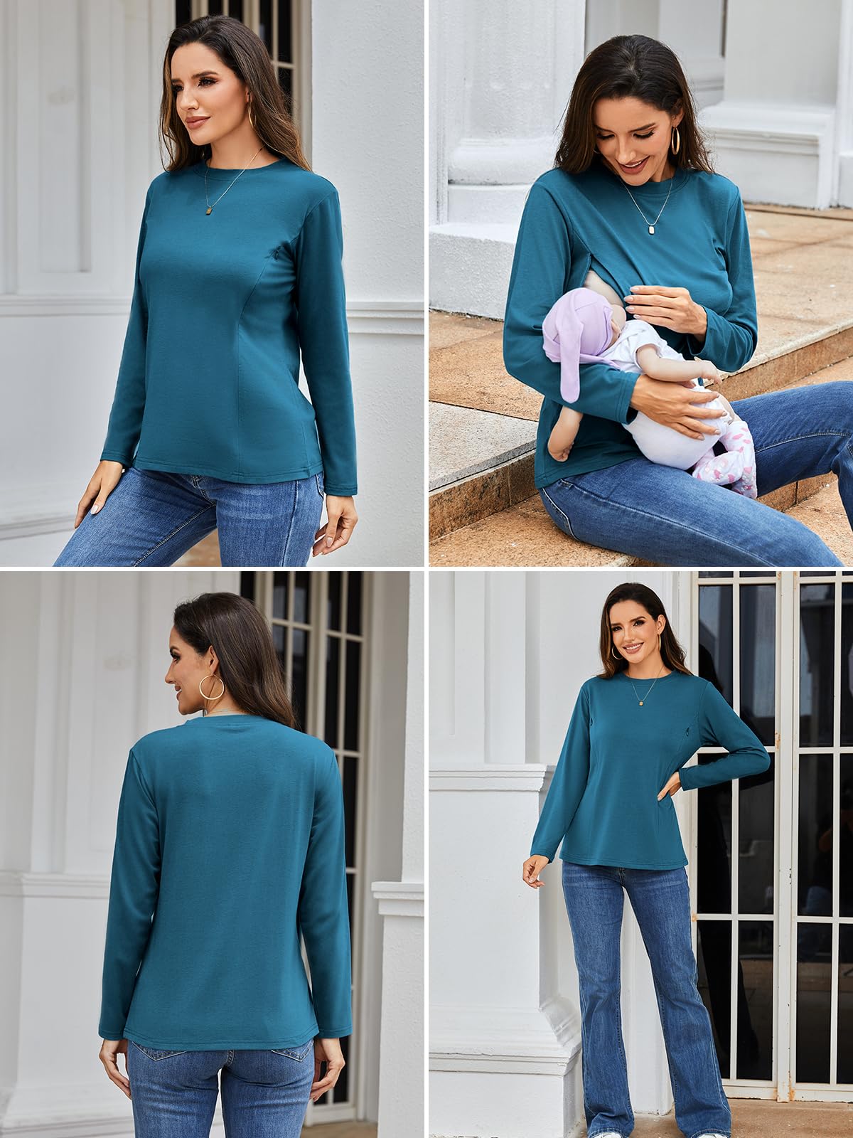 3er Pack Damen Langarm Stillshirt mit Reißverschluss Umstandsmode zum Stillen T-Shirts fur Schwangere