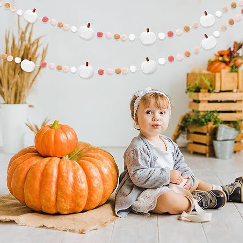 Miniatura 6 de Whaline Guirnalda de fieltro de otoño de 8.2 pies con forma de calabaza blanca 3D banderines de fieltro colorido bola de pompón premontada guirnalda