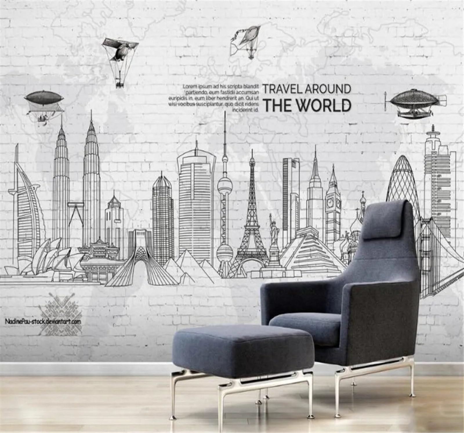 Tzxztt 430Cm×300Cm(B×H) Hand Drawn City Architecture Brick Wall Aeroplane Modern 3D Wallpaper Premium Textured Silk Neutral Tones Material Ideal For Living Room Bedroom-430Cm×300Cm