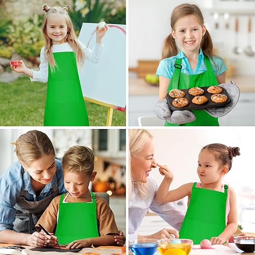 Miniatura 5 de Paquete de 5 delantales ajustables para niños con 2 bolsillos, delantales de pintura para cocinar, hornear, pintar, hacer manualidades (verde), Verde