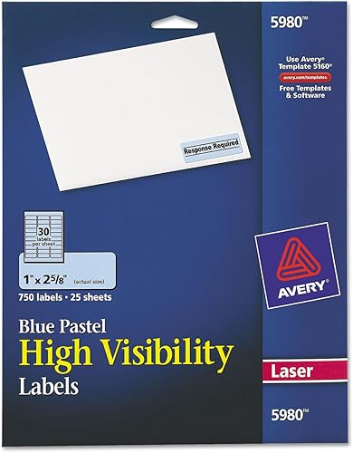 Avery 5980 Etiquetas permanentes de identificación de alta visibilidad, láser, 1 x 2 58, azul pastel, 750 unidades