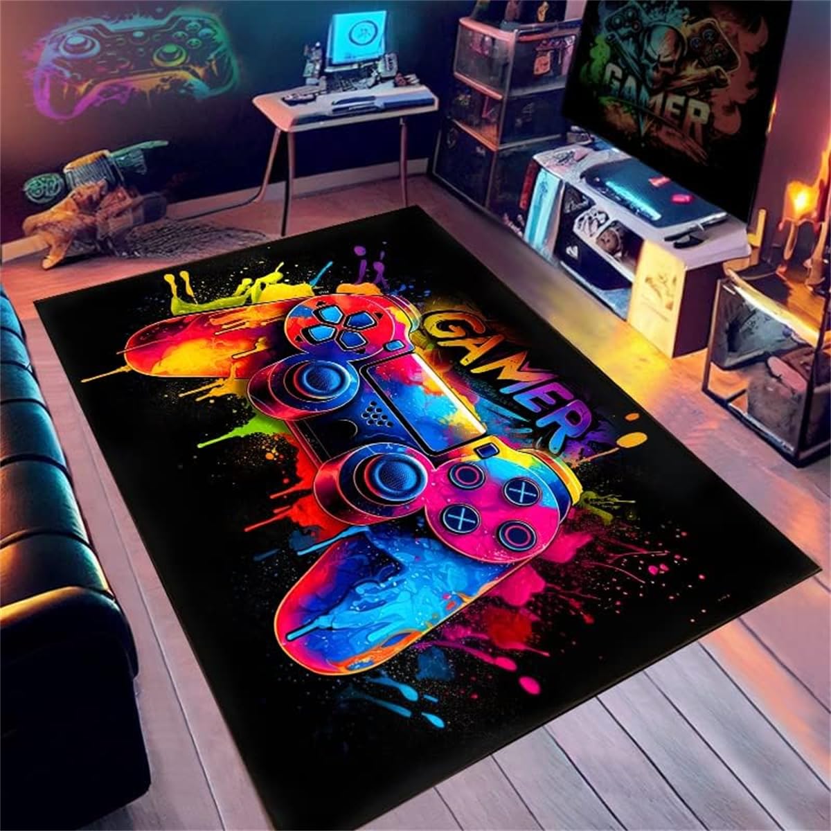 PEIHUODAN Tapis Chambre Ado 3D - Tapis Sol Gaming Imprimé Ciel étoilé Néon Graffiti & Console De Jeu - Flanelle Doux Antidérapant - pour Garçon Enfant (Vert,120x160cm