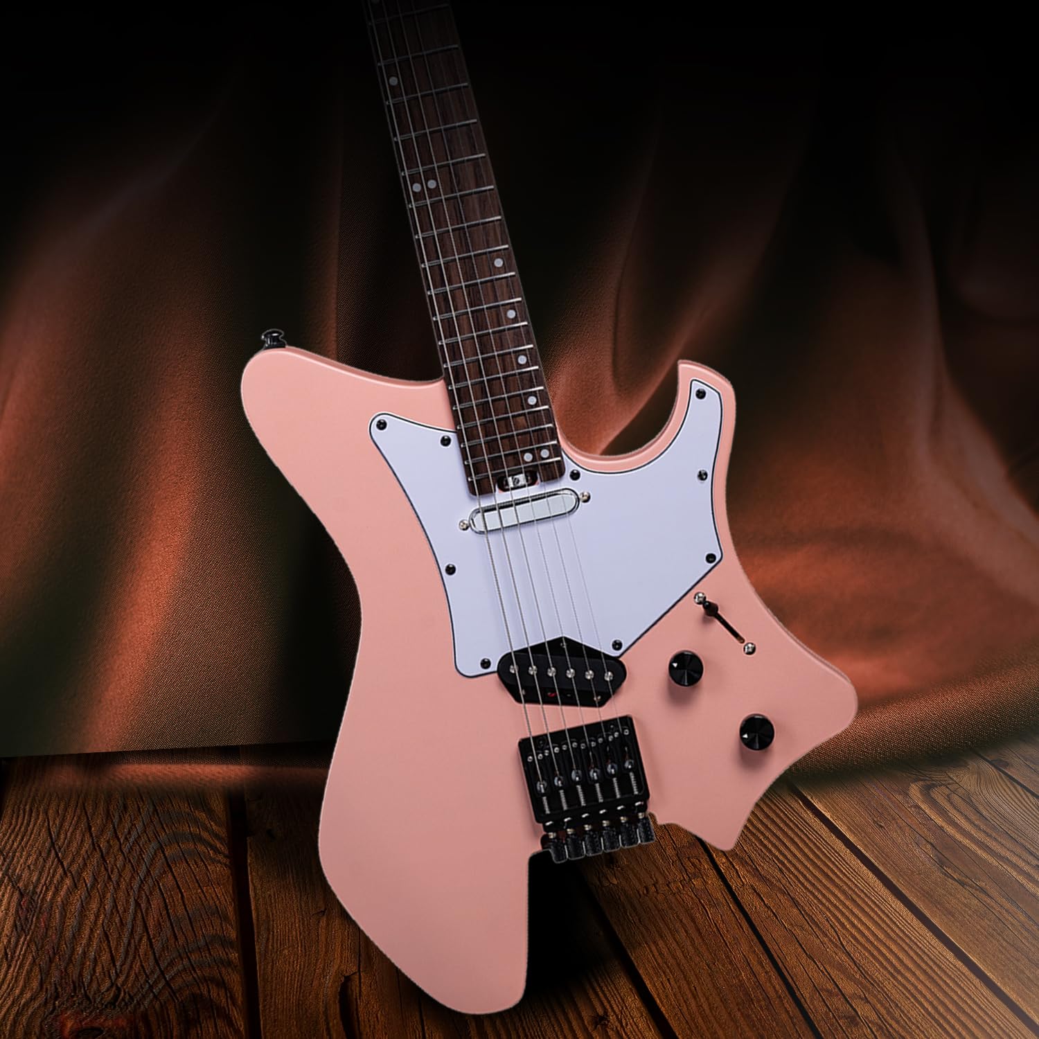 EART GW2TP-SE Guitare électrique sans tête avec corps en acajou torréfié, micros Artones-TSE, extrémités arrondies, frettes en acier inoxydable Jumbo (rose)