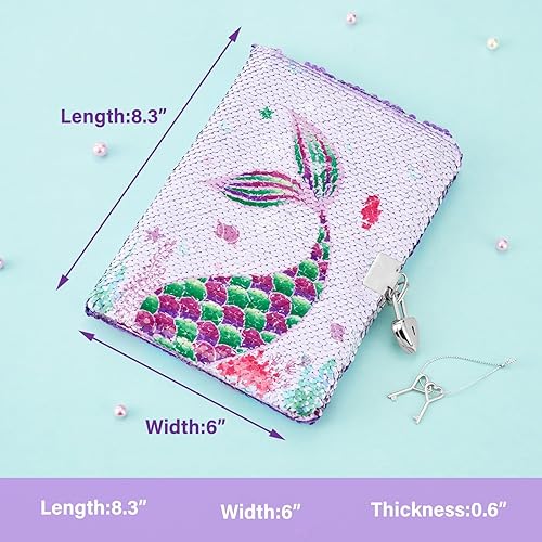 Miniatura 6 de WERNNSAI Diario de sirena para niños, diario de lentejuelas para niñas, diario para niños, diario A5, páginas rayadas para dibujar y escribir diario
