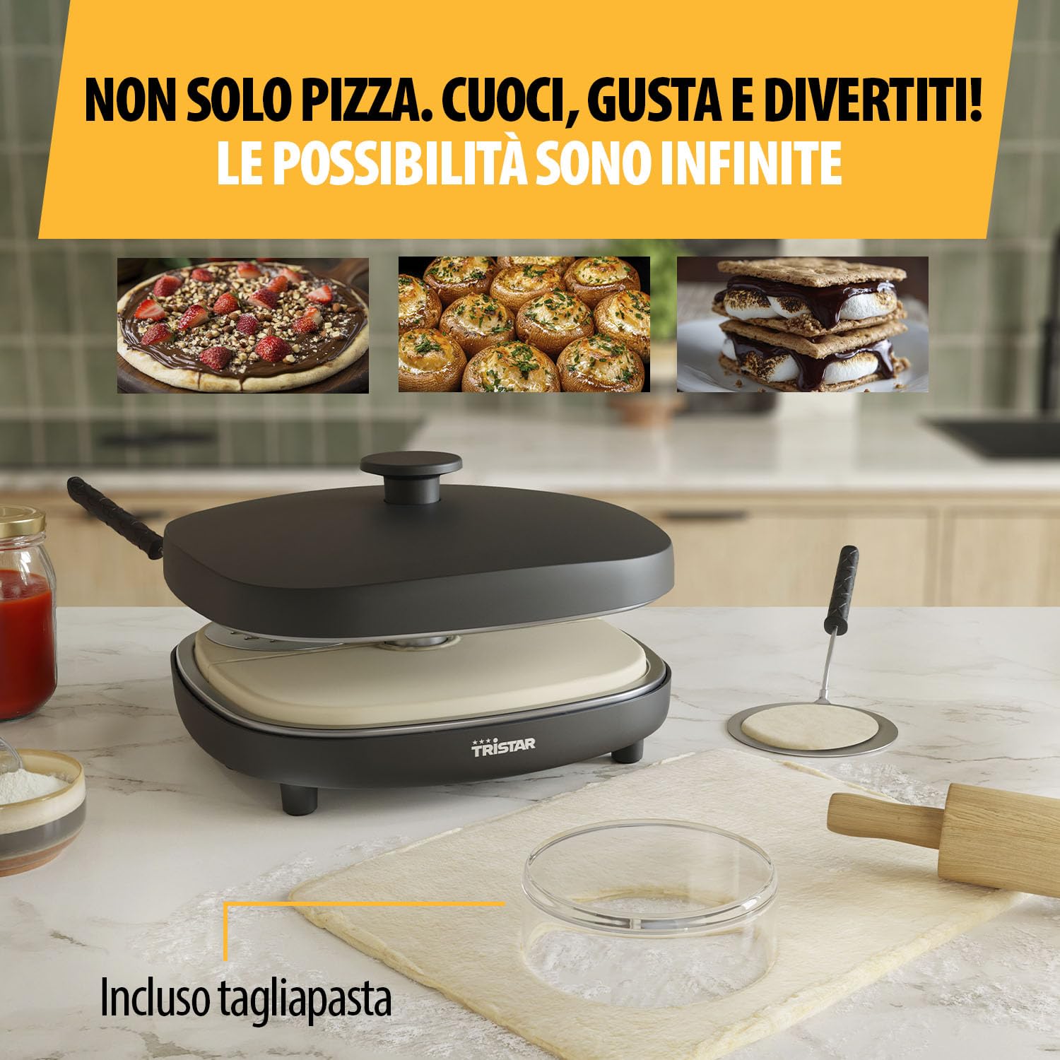 Tristar Pizza Family 4 Pizza Maker, 25x25 cm, 900 W, Per 4 Persone, Rivestimento Ceramico Senza PFAS, Piastre Rimovibili, 4 Palette e Tagliapasta, PZ-9174