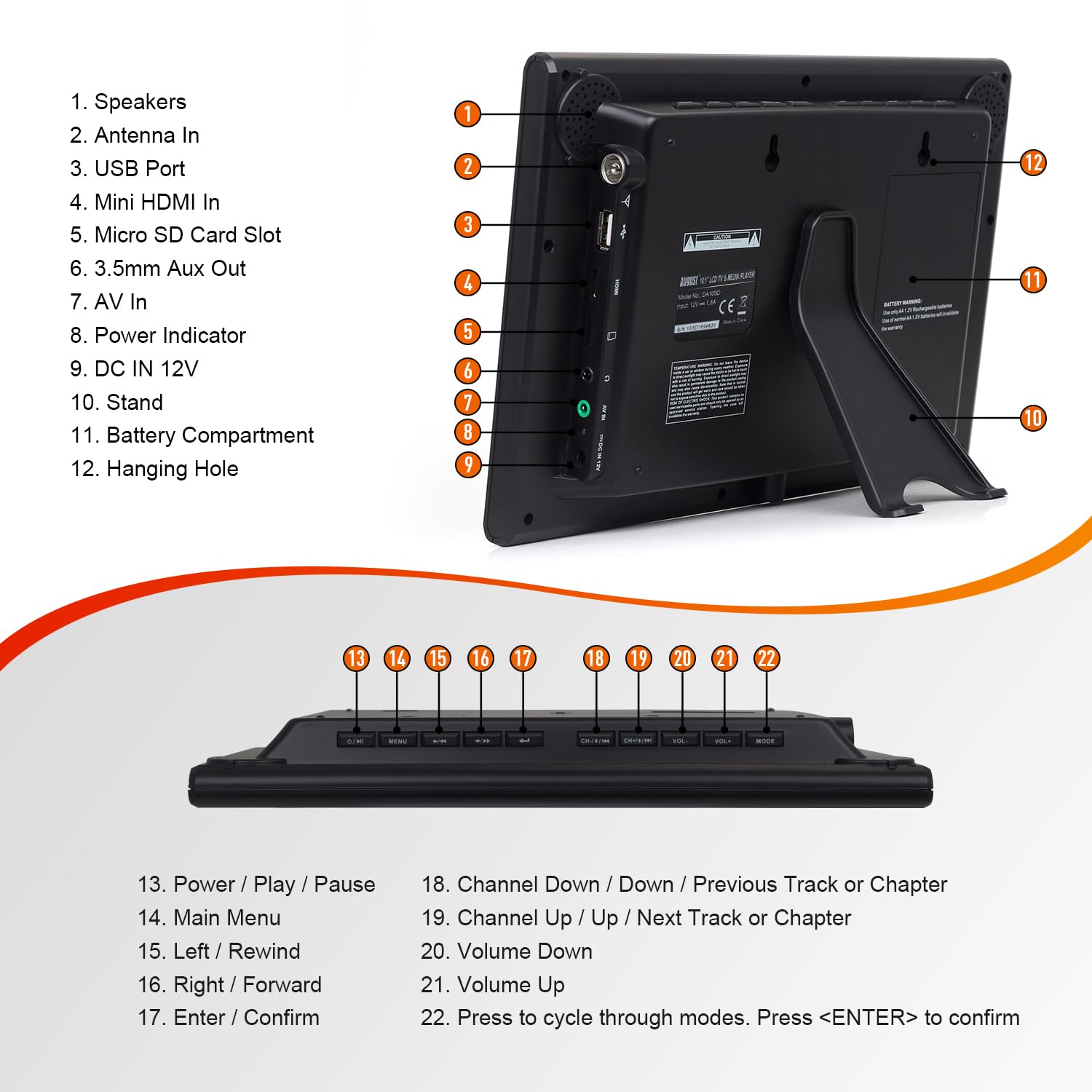 August DA100D Przenośny TV Freeview HD 10.1" z nagrywarką i odtwarzaczem | Nagrywarka PVR z Timeshift pauzą i przewijaniem, HDMI/AV, zasilanie sieciowe, AA lub 12V do TV w kamperze