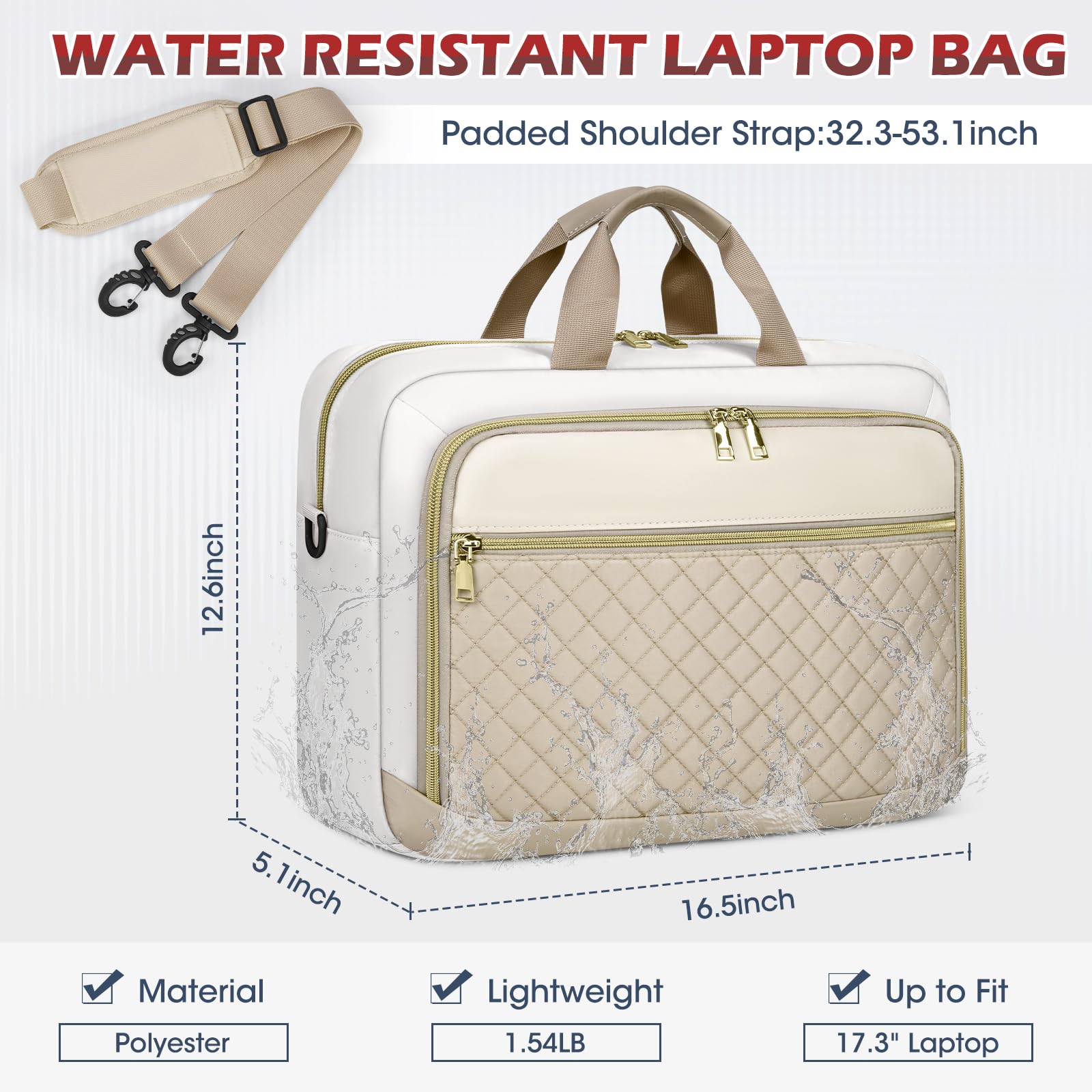 NEWHEY Borsa Porta PC 17.3 Pollici Borsa da Lavoro Donna Impermeabile Borsa Computer Grande Borsa Messenger Valigetta Portadocumenti Tracolla per Ufficio, Università, Scuola,Cachi e beige