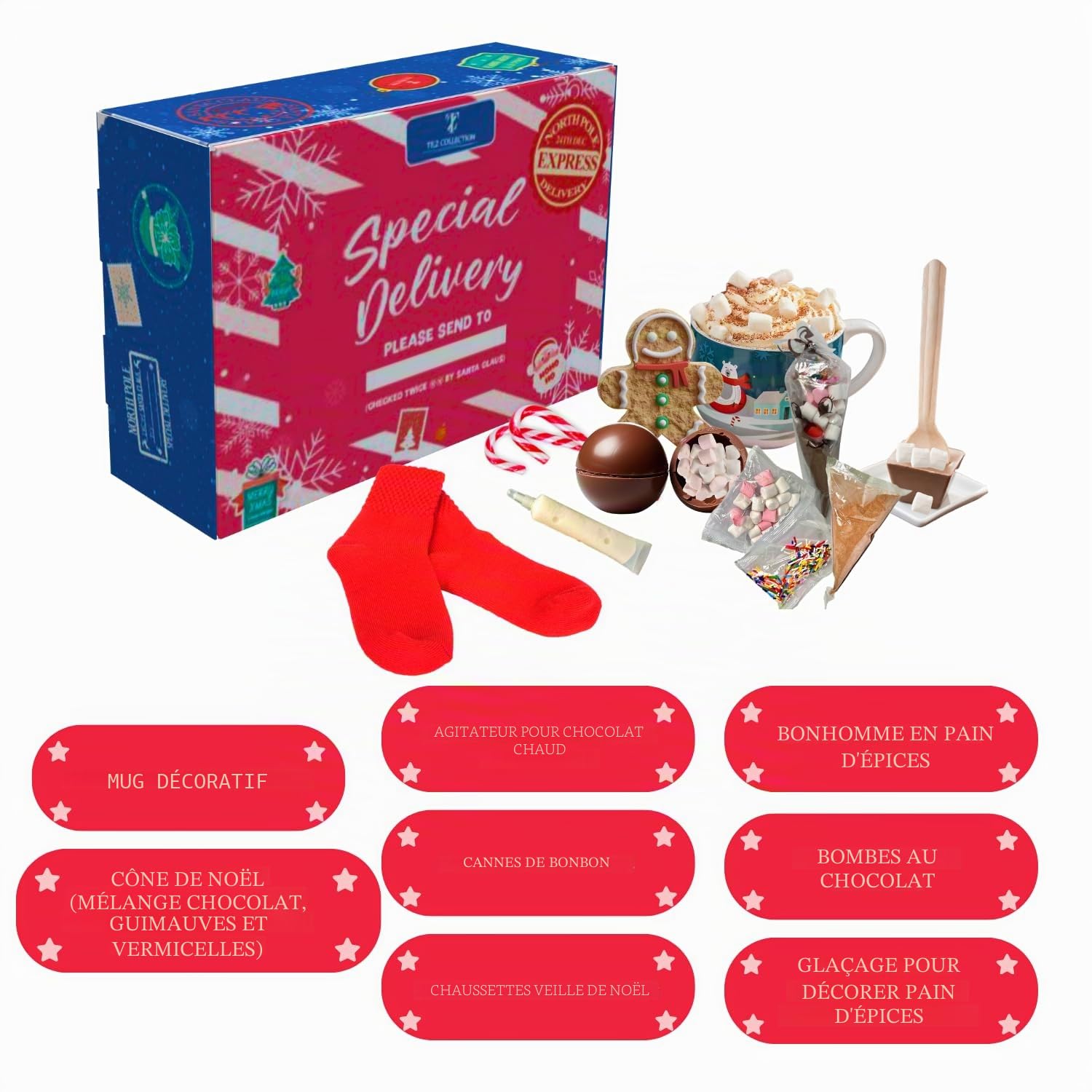 TILZ COLLECTION Coffret cadeau pour chocolat chaud avec tasse, boîte de Noël et panier de Noël rempli pour enfants | Mélangeur pour chocolat chaud, bombes de chocolat chaud avec guimauve