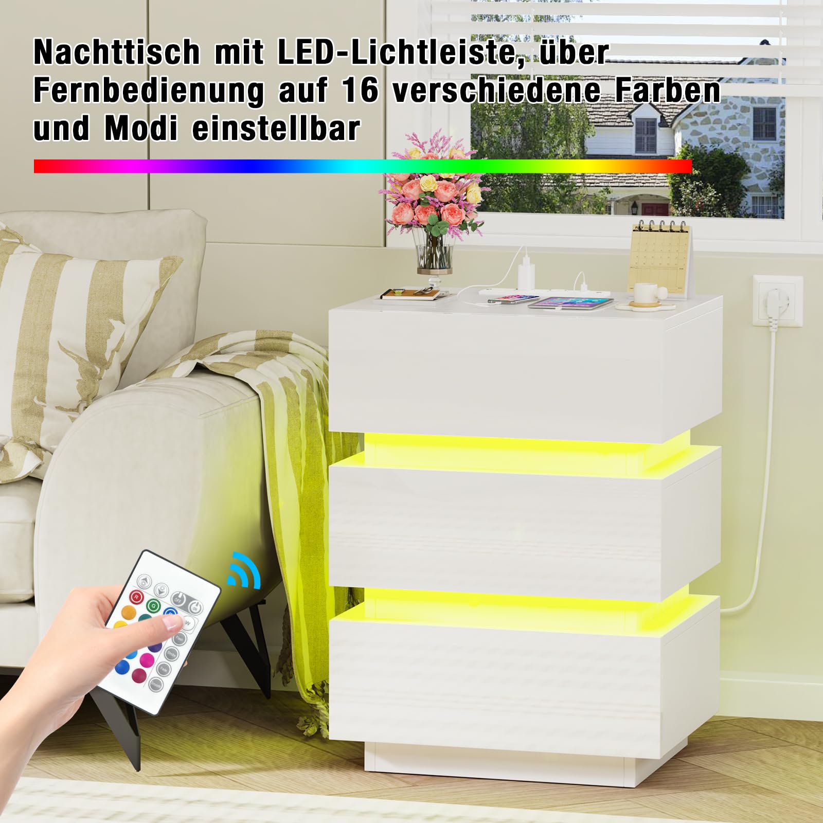 Rcynview Table de Chevet Blanc, Table de Nuit Moderne avec Bande LED Multicolore Réglable, Table de Chevet avec 2 Tiroirs, Chevet de Lit en Bois pour Rcynview Table de Chevet Blanc, Table de Nuit Moderne avec Bande LED Multicolore Réglable, Table de Chevet avec 2 Tiroirs, Chevet de Lit en Bois pour