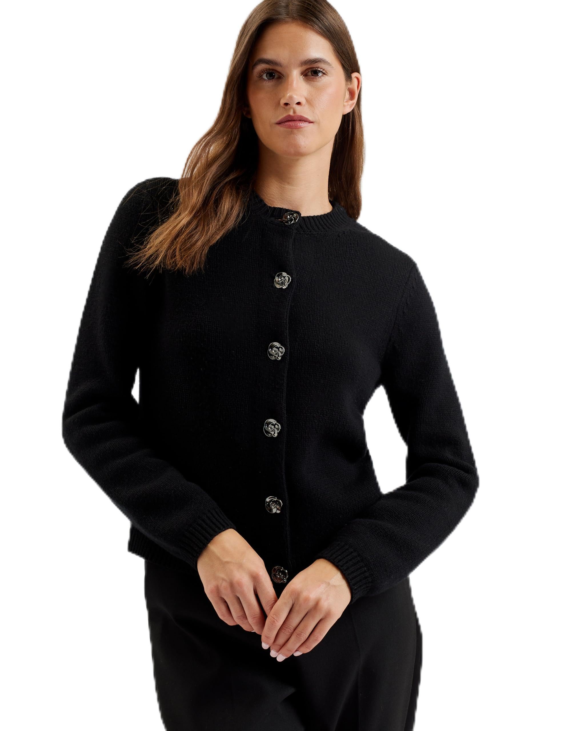 Ted Baker Womens Wmk-jaycey-Rose Button Crew Neck Cardigan Sweater, Black,M