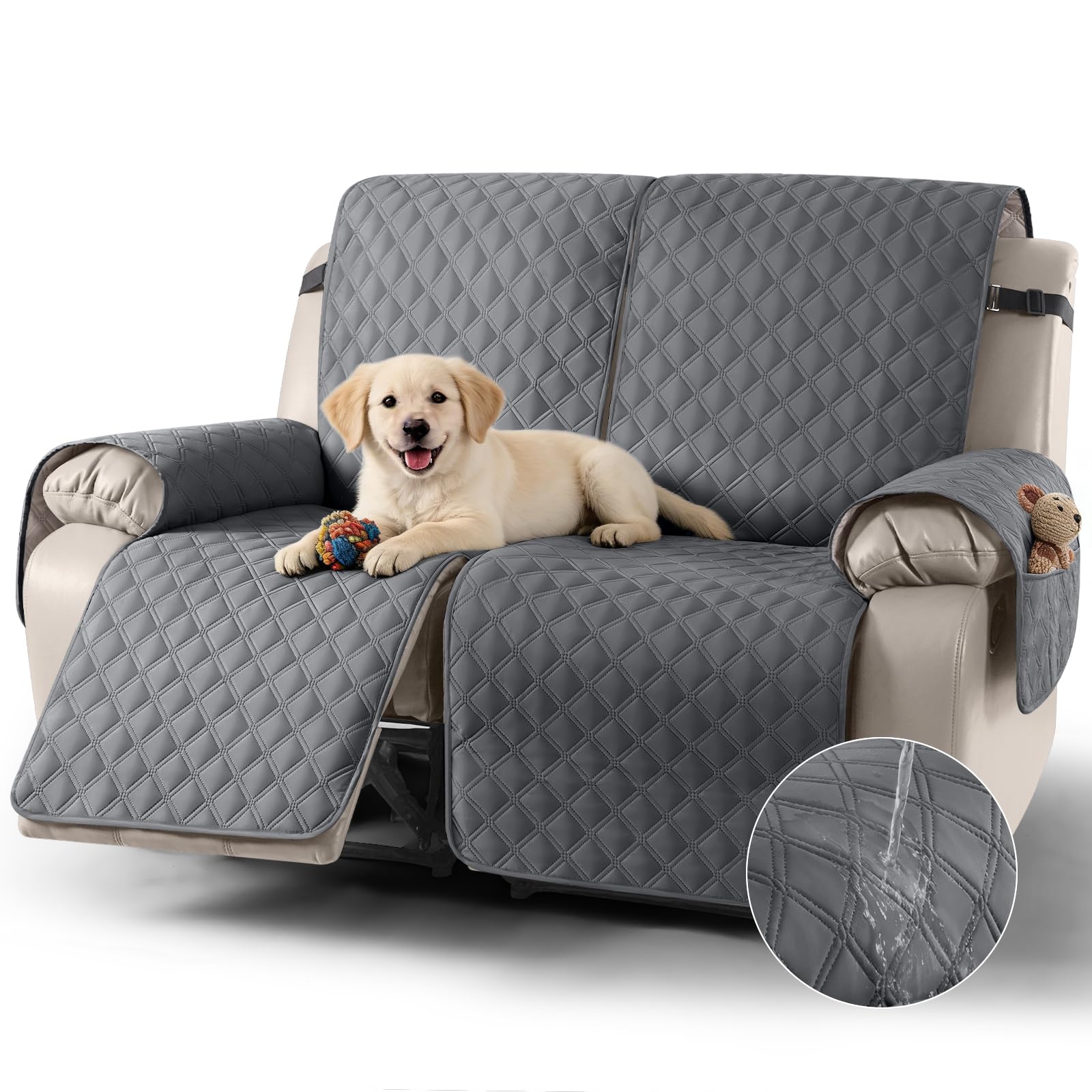 TAOCOCO Recliner Covers,2 Seater Recliner Slipcovers,Waterproof Recliner Sofa Protector,Armchair Covers with Pockets,Non Slip Reclining Sofa Covers,Arm Chair Covers for Pets/Dogs/Kids(Dark Grey)