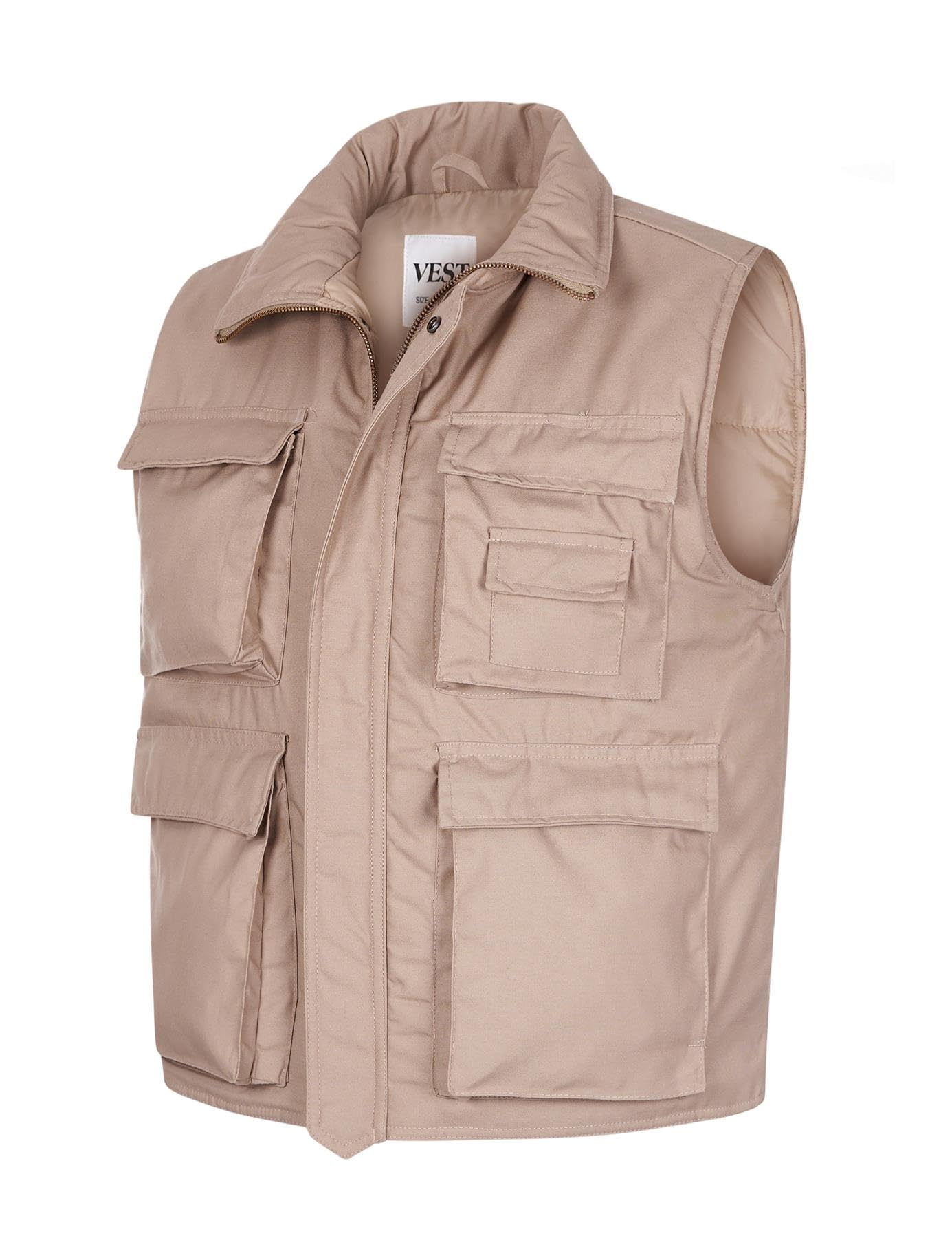 VINTIKA Men’s Padded Body Warmer Military Combat Vest - Multi Pocket Unisex Camo Army Gilet Hiking Waistcoat - Beige - XL