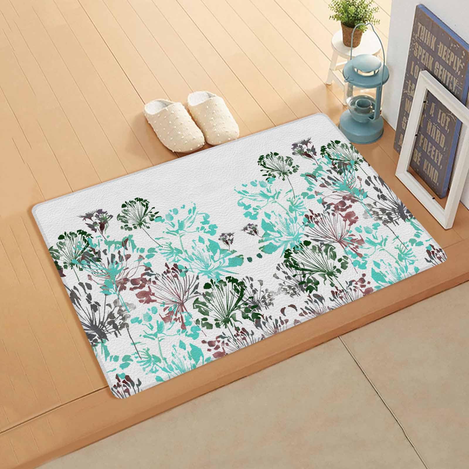 Teal Black Brown Kitchen Bath Door Mat Cushioned Runner Rug,Washable Welcome Floor Sink Antifatigue Mat,Waterproof & Non-Slip Comfort Standing Doormat,Spring Simple Flower Herb White 18