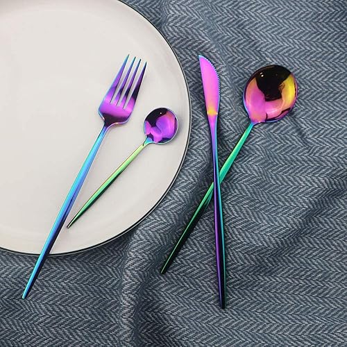 Miniatura 3 de JASHII Juego de cubiertos de 24 piezas, acero inoxidable con chapado de titanio colorido, juego de cubiertos multicolor, cubiertos de color arco