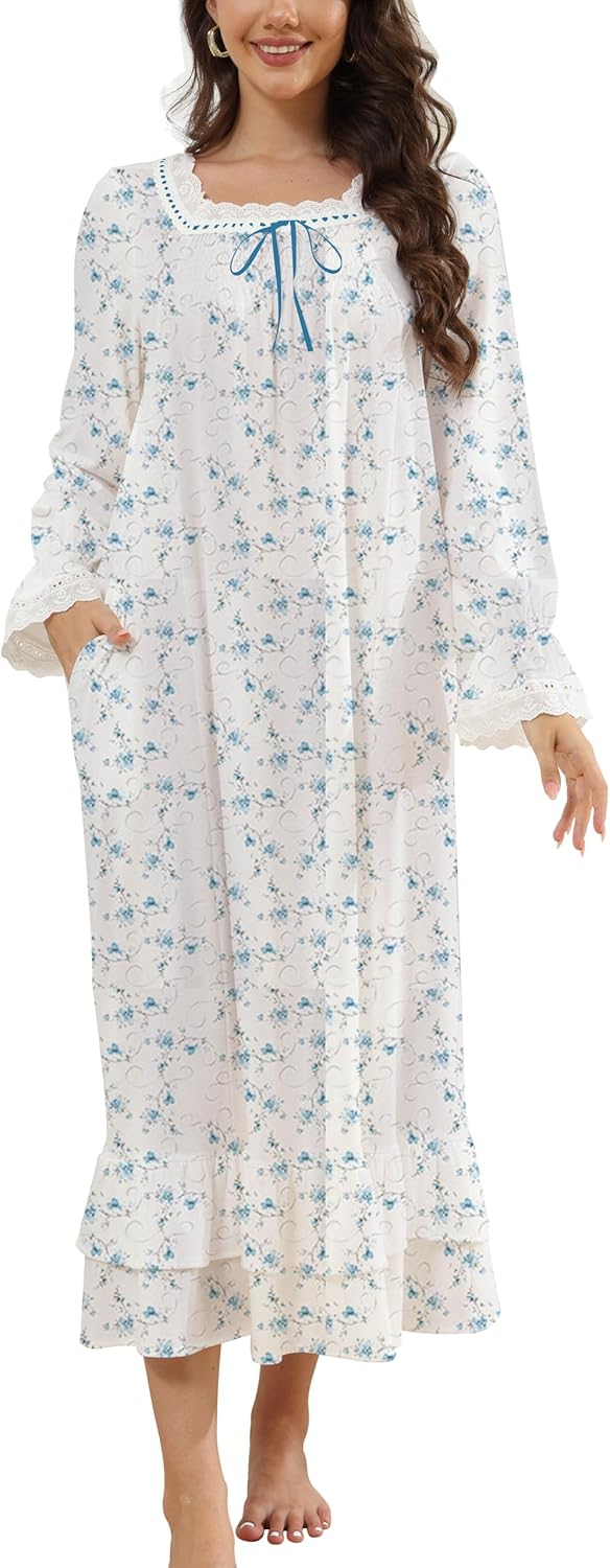 Women's Victorian Nightgown Soft Cotton Sleepwear Long Sleeve Princess Nightdress with Pockets