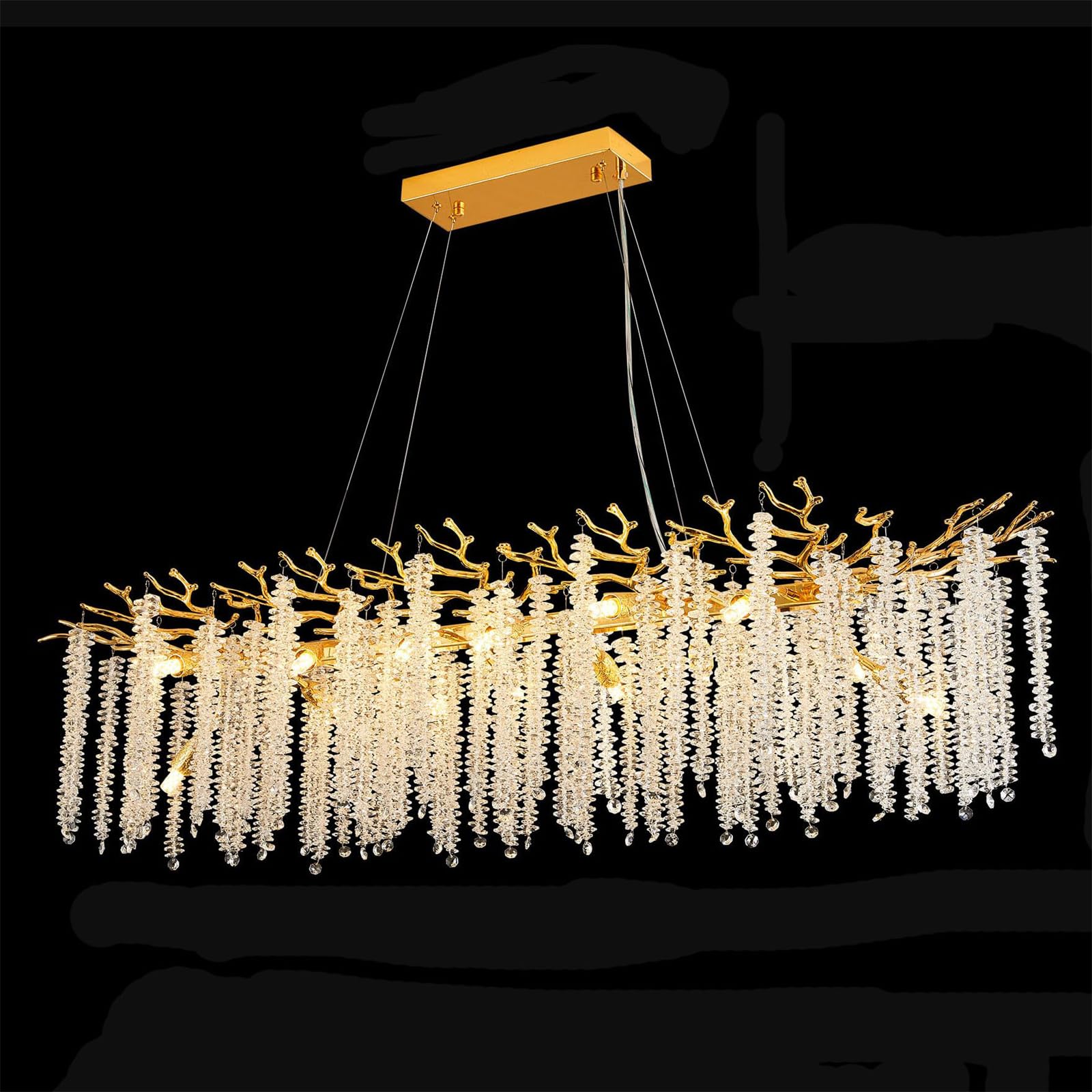 KXEcoLife Modern Crystal Raindrop Chandelier, L120CM Linear Rectangle Art Deco Tree Branch Lighting Fixture for Kitchen Island Living Room Foyer Staircase 14 Lights