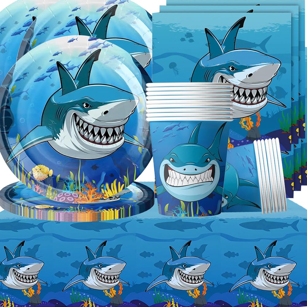 Stoviglie per Feste Squalo,Doyomtoy Animali Oceanici Compleanno Squali Decorazioni Ocean Sea Piatti di Compleanno, Tazze, Tovaglioli per Bambini Compleanno Favors 20 Ospiti