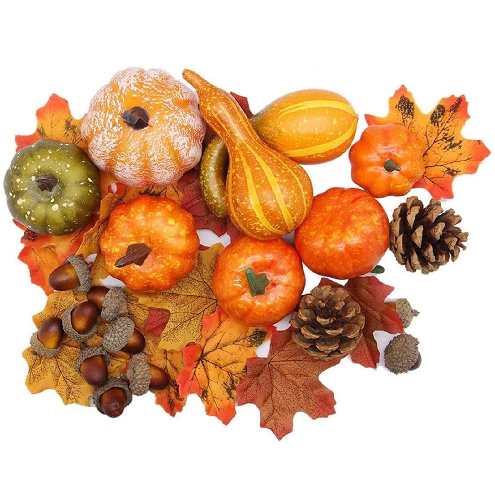 50PCS Thanksgiving Artificial Pumpkins Home Decoration Set with 30 Maple Leaves, 10 Acorns, 2 Pinecones, 8 Pumpkins Thanksgiving Vase Fillers, Harvest Farmhouse Table Tiered Tray Set