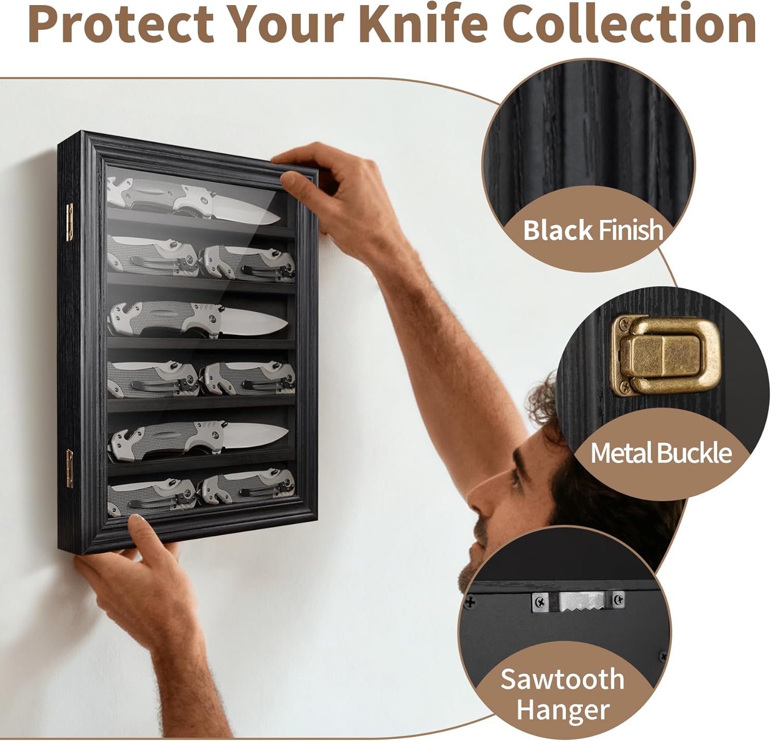 Pocket Knife Display Case, 6 Rows Knives Box Cabinet with HD Tempered Glass Military Folding Knife Stand with Removable 2 Grooves Shelves for Wall Mounted and Desk Display, Black