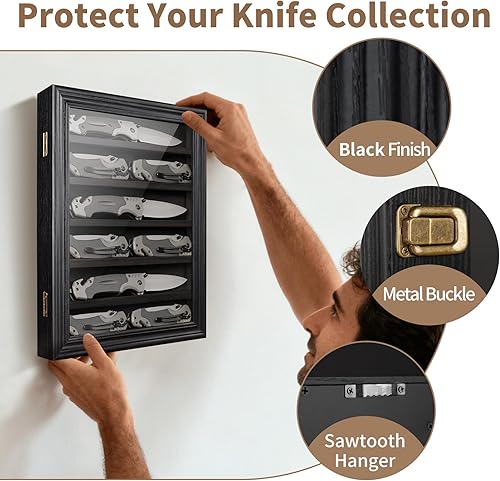 Miniatura 4 de Estuche para cuchillos de bolsillo, caja de cuchillos de 6 filas con vidrio templado HD, soporte plegable militar para cuchillos con 2 ranuras