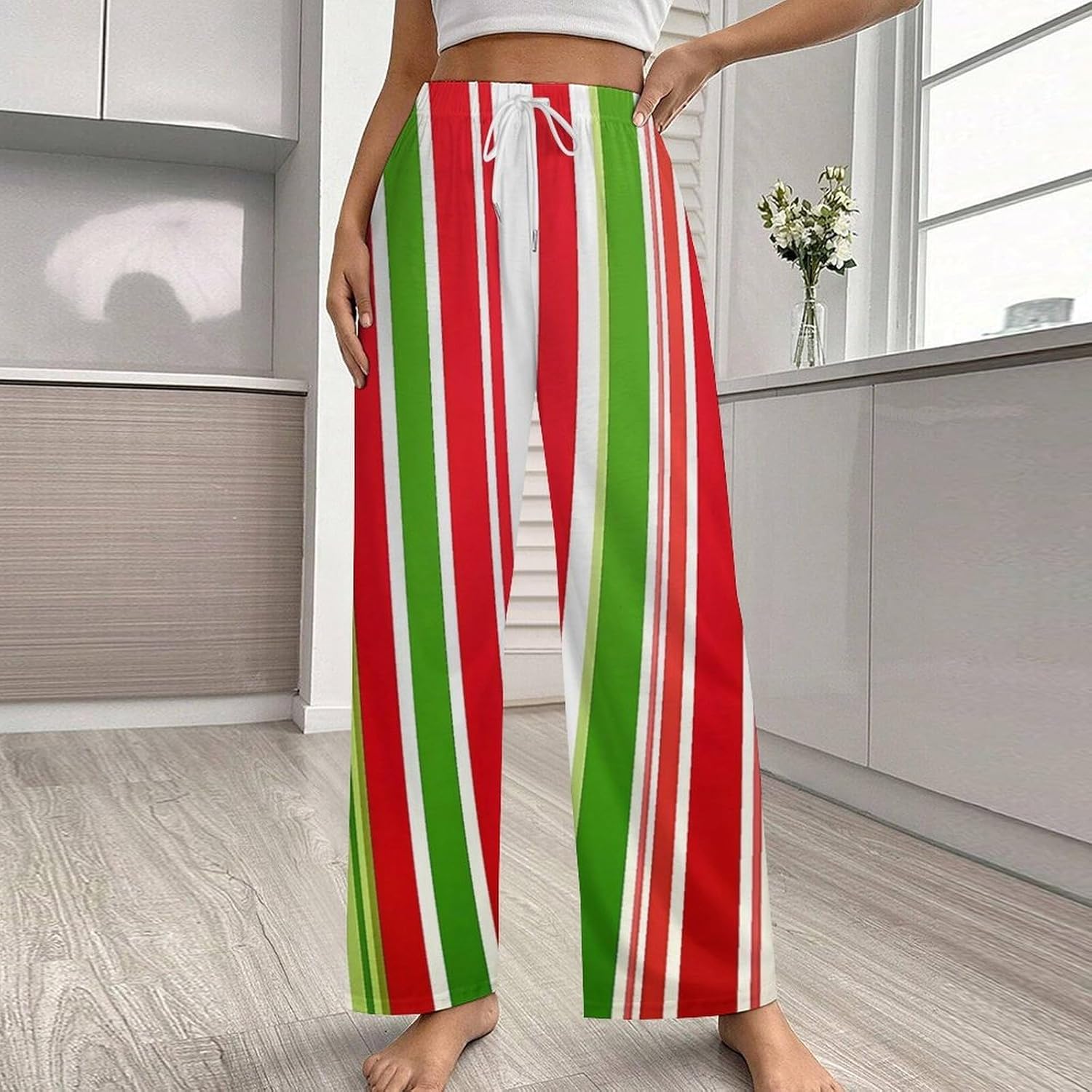 Red Green Striped Pattern Women's Pajama Pants Wide Leg Casual Lounge Pants Drawstring Sleep Bottoms