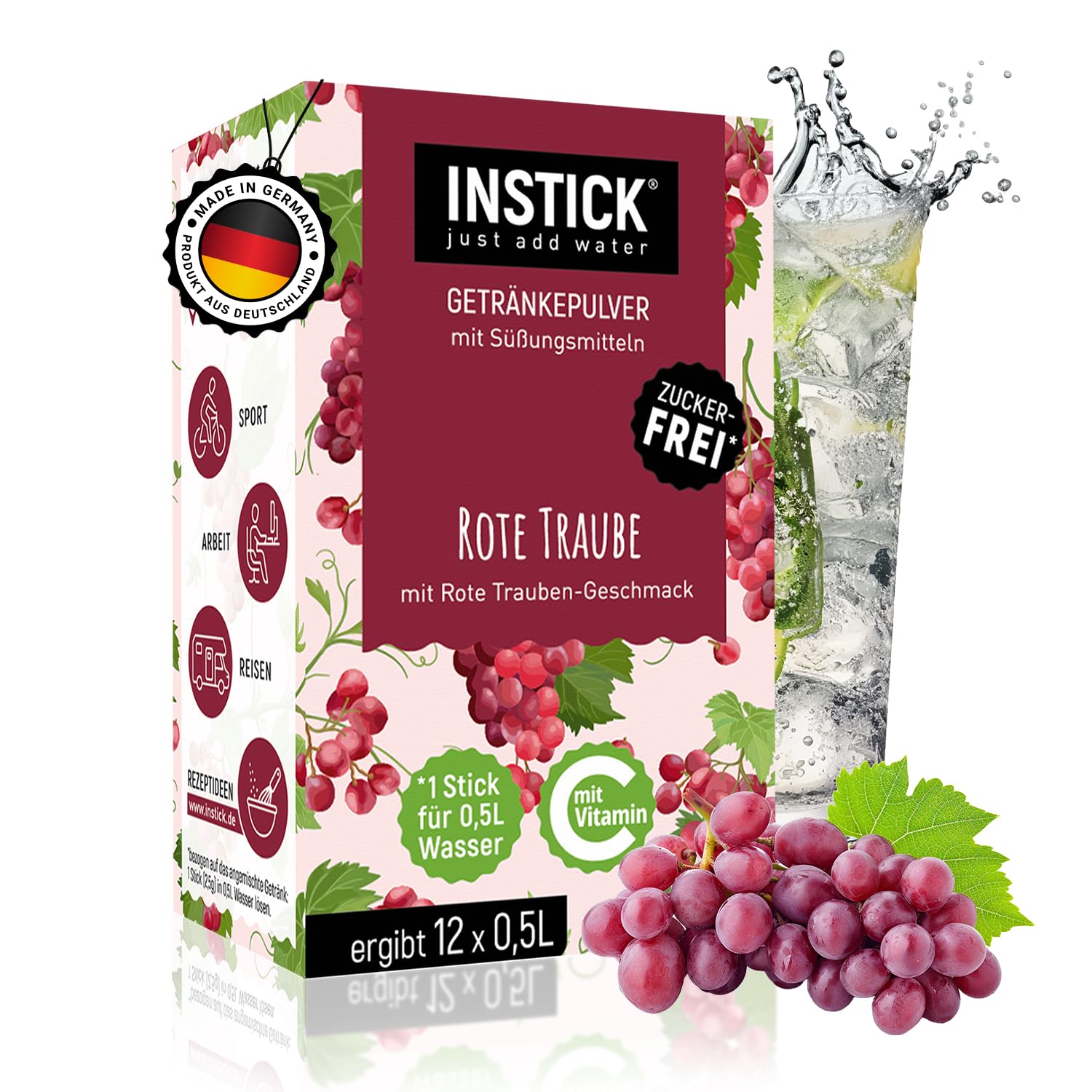 INSTICK Zuckerfreies Instant-Getränk (Rote Traube) - 1 Packung für 12 x 0,5-1 L - Veganes Getränkepulver Kalorienarm & Vitamin C - Instant-Pulver