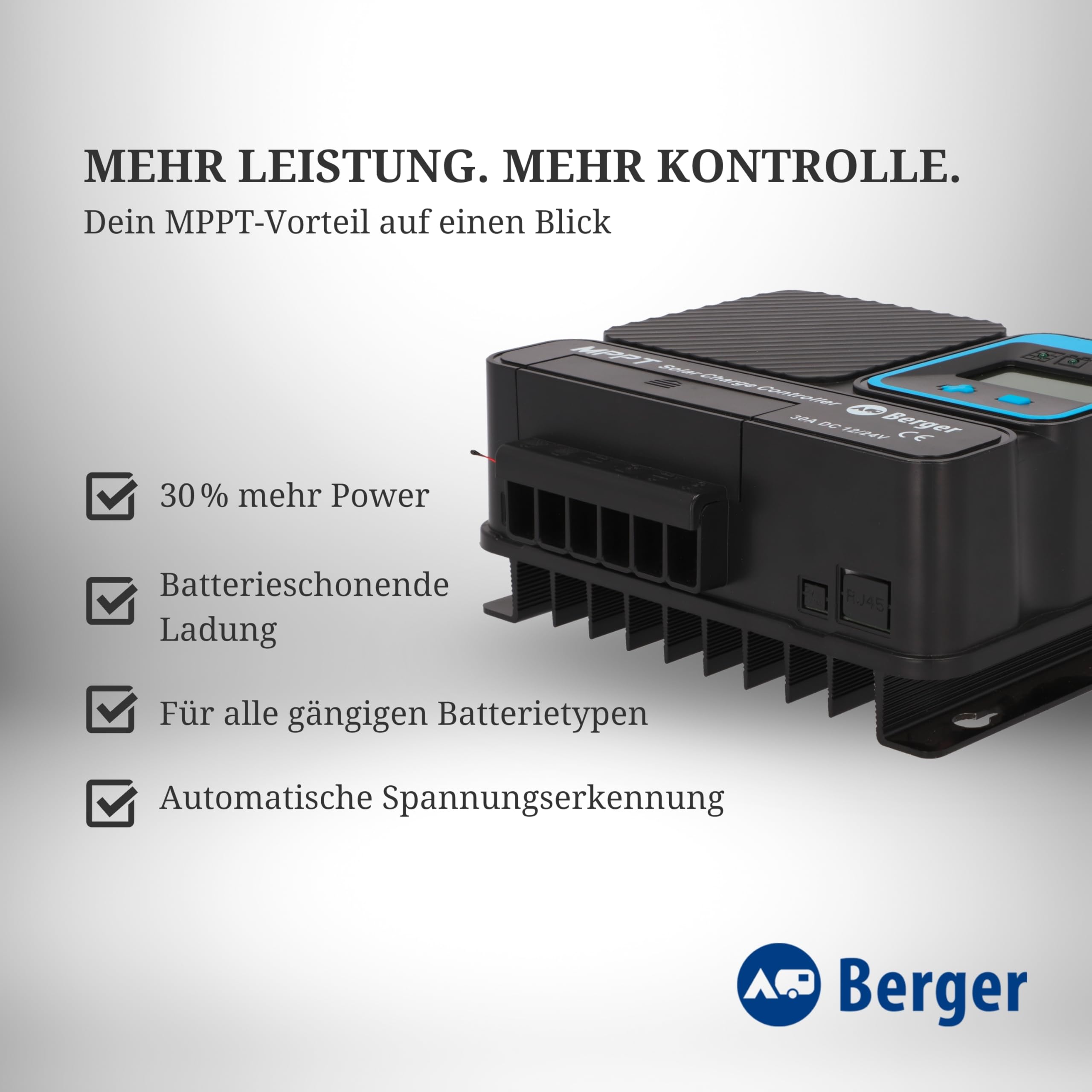 BERGER MPPT-Solarladeregler SX PRO | Laderegler Solar 12 V / 24 V | Kompatibel mit LiFePO4, AGM & Gel-Batterien | Hoher Energieertrag für Solarpanel Camping Solartasche (30 A)