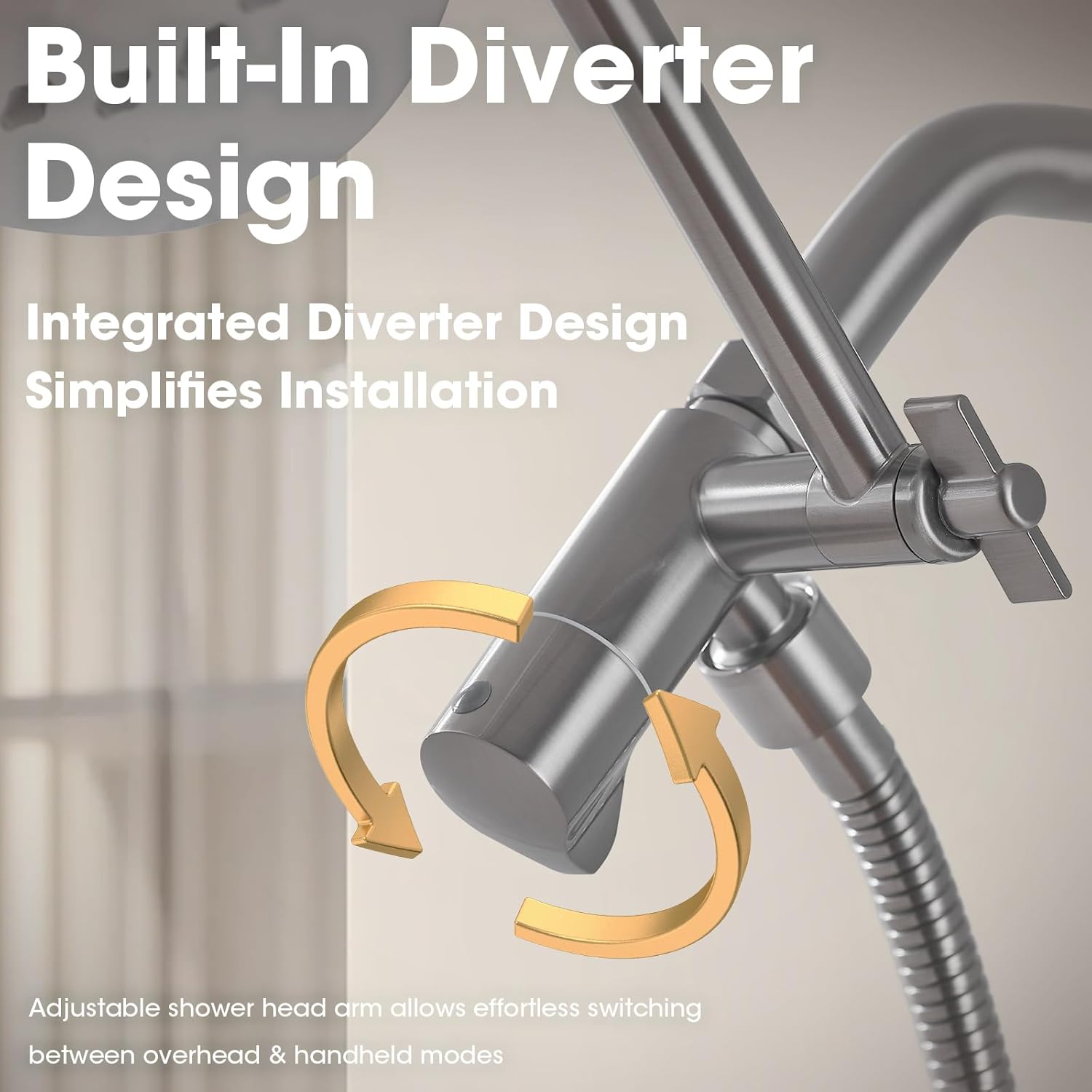 TRUSTMI Brushed Nickel Shower Arm 10 Inch Adjustable Height Shower Head Extension with 3-Way Diverter Valve, Solid Stainless Steel Arm Mount Universal Connection Extender
