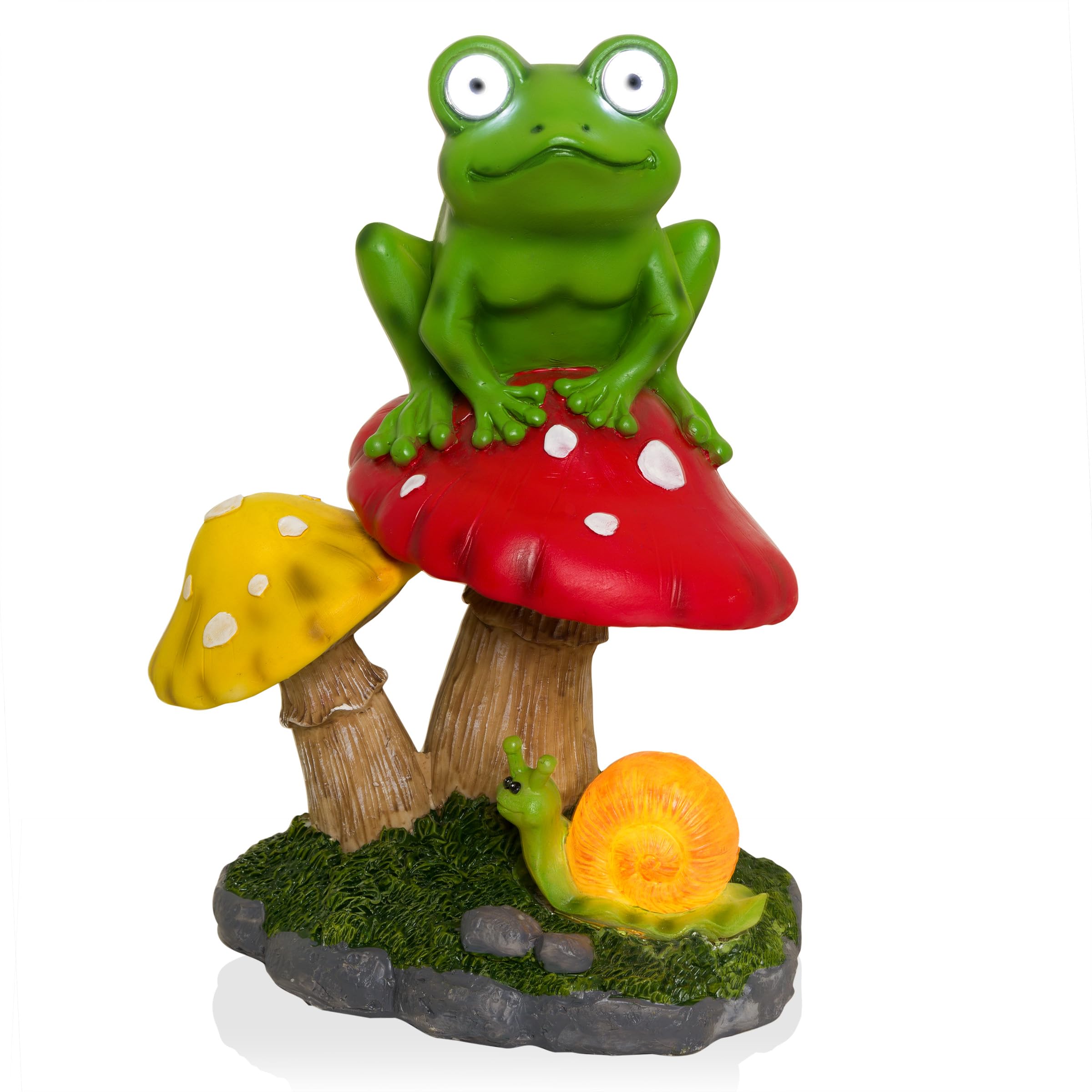 Alpine Corporation ZEN390SLR-S Frog on Mushroom Statue with LED Lights, Solar-Powered LED Frog Garden Statue, 12" H, Green