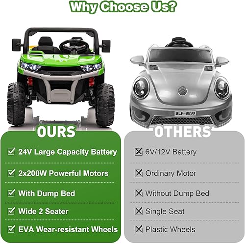 Miniatura 2 de COLOR TREE Camión volquete de 2 plazas de 24 V para niños con motores de 2 x 200 W, cama eléctrica y pala, auto UTV con control remoto, neumáticos