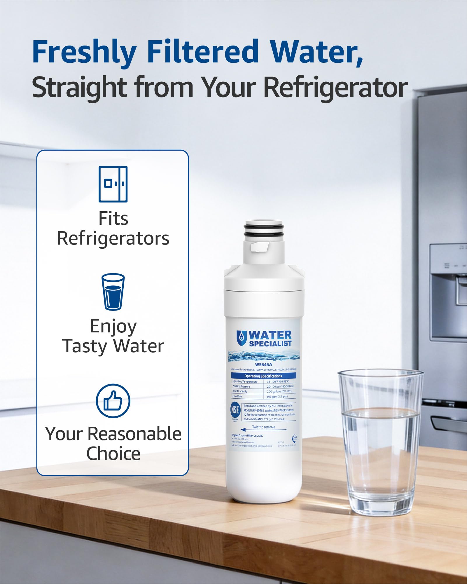Waterspecialist MDJ64844601 filtr wody do lodówki, certyfikat NSF, zamiennik dla LG LT1000P, LT 1000P, LT1000PC, LT1000PCS, LFXC24796S, ADQ74793501, ADQ74793502, Kenmore 46-9980, 9980 (3 sztuki)