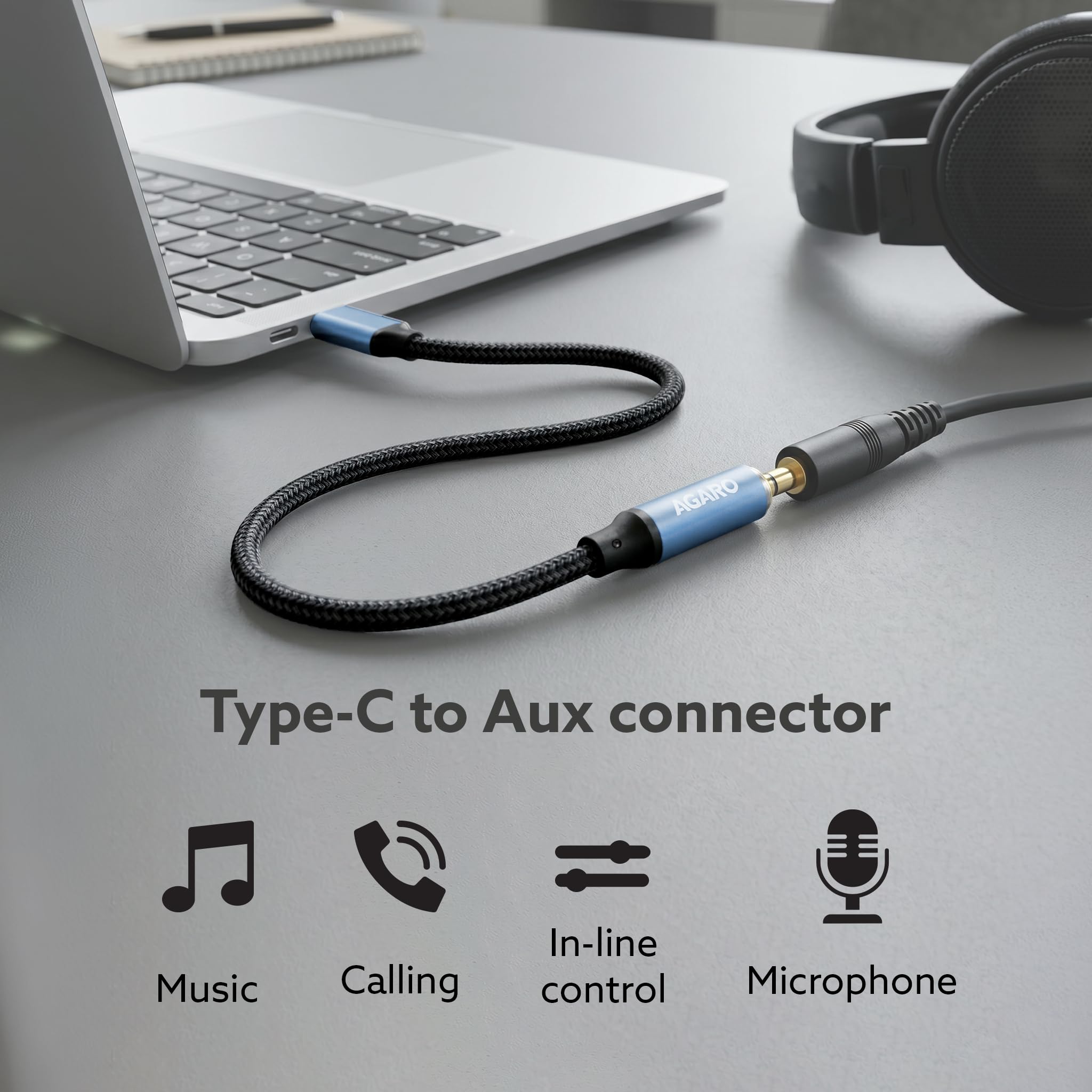 AGARO Type-C to 3.5mm Aux Female Converter with Built-in DAC, Hi-Res Durable Audio Adapter, Supports Mic & Calls, Compatible with iPhone 15 & above, Mobile, Laptops, Plug & Play USB-C to AUX Adapter — Amazon image 2