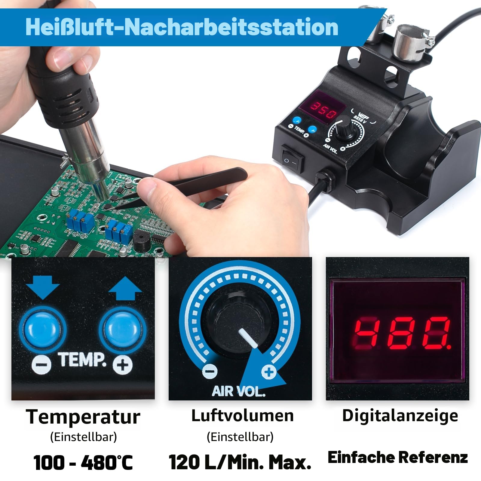 WEP 8858-V heißluft lötstation set mit kompakten Abmessungen, integriertem Düsenhalter, 3 Düsen, 2 Pinzetten, einstellbarer Temperatur & Luftmenge, PID-Programm, °C/°F-Umwandlung und mehr (EU Stecker)