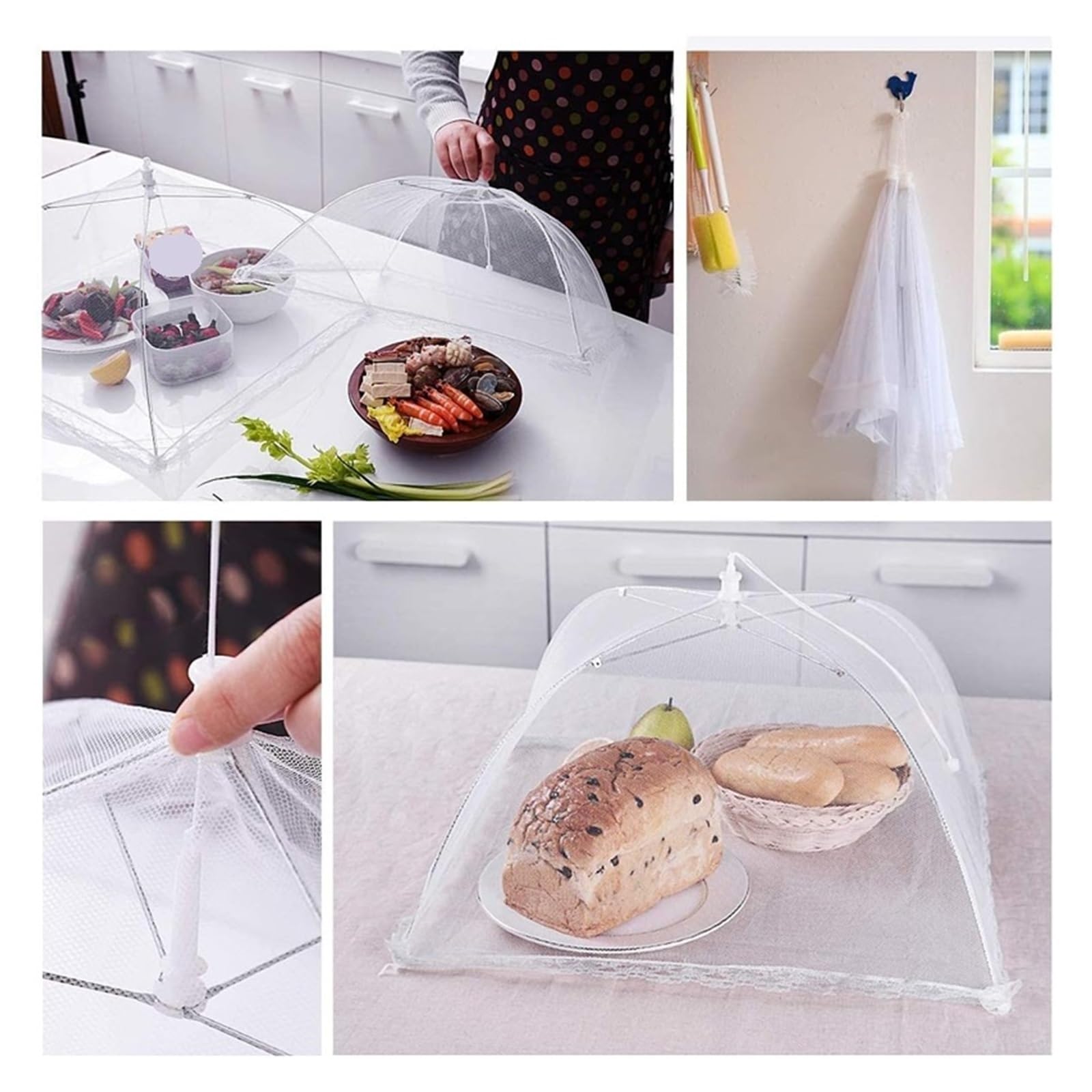 Netzabdeckung für Lebensmittel, Mesh-Lebensmittelabdeckung, faltbar, for Küche, Regenschirm, Netz, Picknick, 30,5–45,7 cm(White-14inch 38x38cm)
