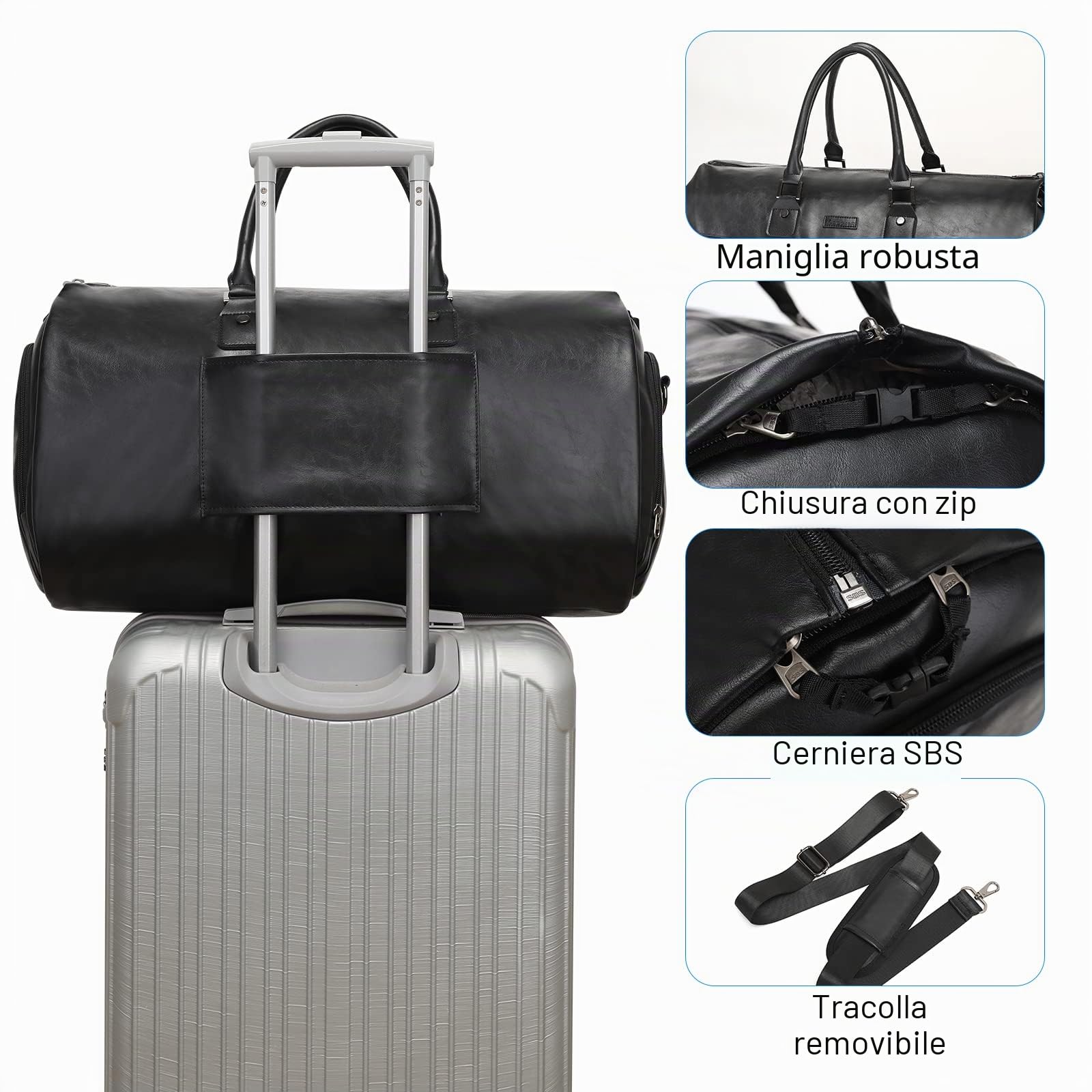Modoker Porta Abiti Convertibile in Pelle, Borse Porta Abiti da Viaggio Borsone Porta Abiti Impermeabile Regali per Uomo Donna Business - 2 in 1 Valigia da Appendere Borse da Viaggio, Nero